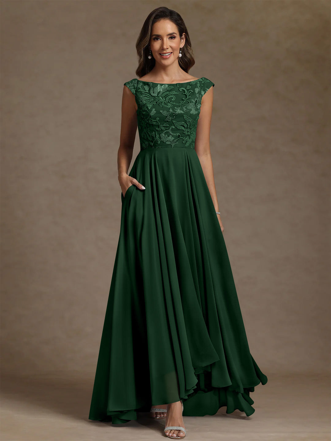 A Line Princess Scoop Chiffon Mother Of The Bride Dresses Lace Sequins Floor Length Sleeveless Pleated