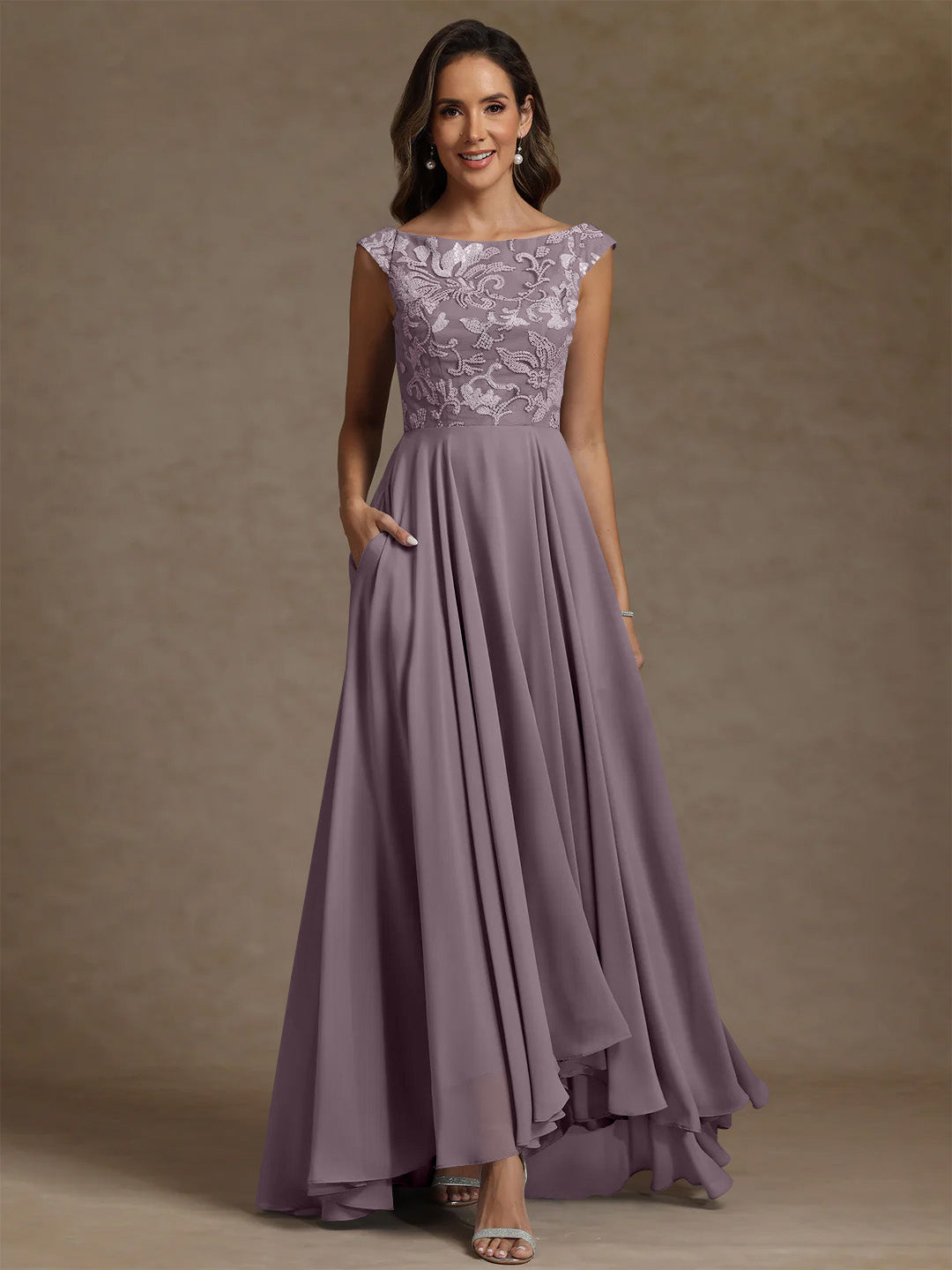 A Line Princess Scoop Chiffon Mother Of The Bride Dresses Lace Sequins Floor Length Sleeveless Pleated