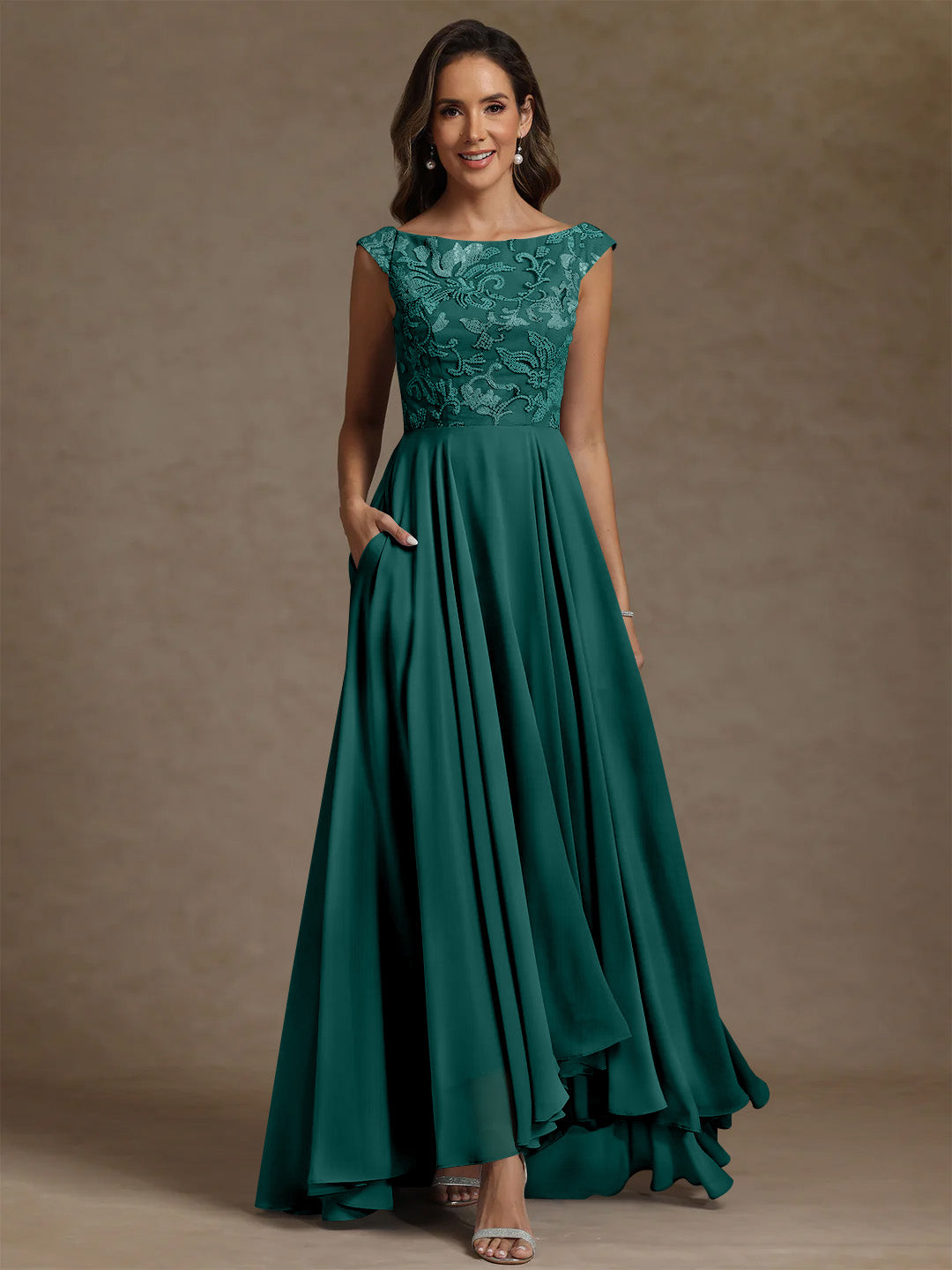 A Line Princess Scoop Chiffon Mother Of The Bride Dresses Lace Sequins Floor Length Sleeveless Pleated