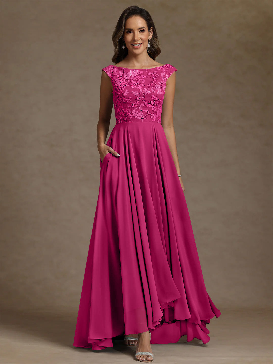 A Line Princess Scoop Chiffon Mother Of The Bride Dresses Lace Sequins Floor Length Sleeveless Pleated