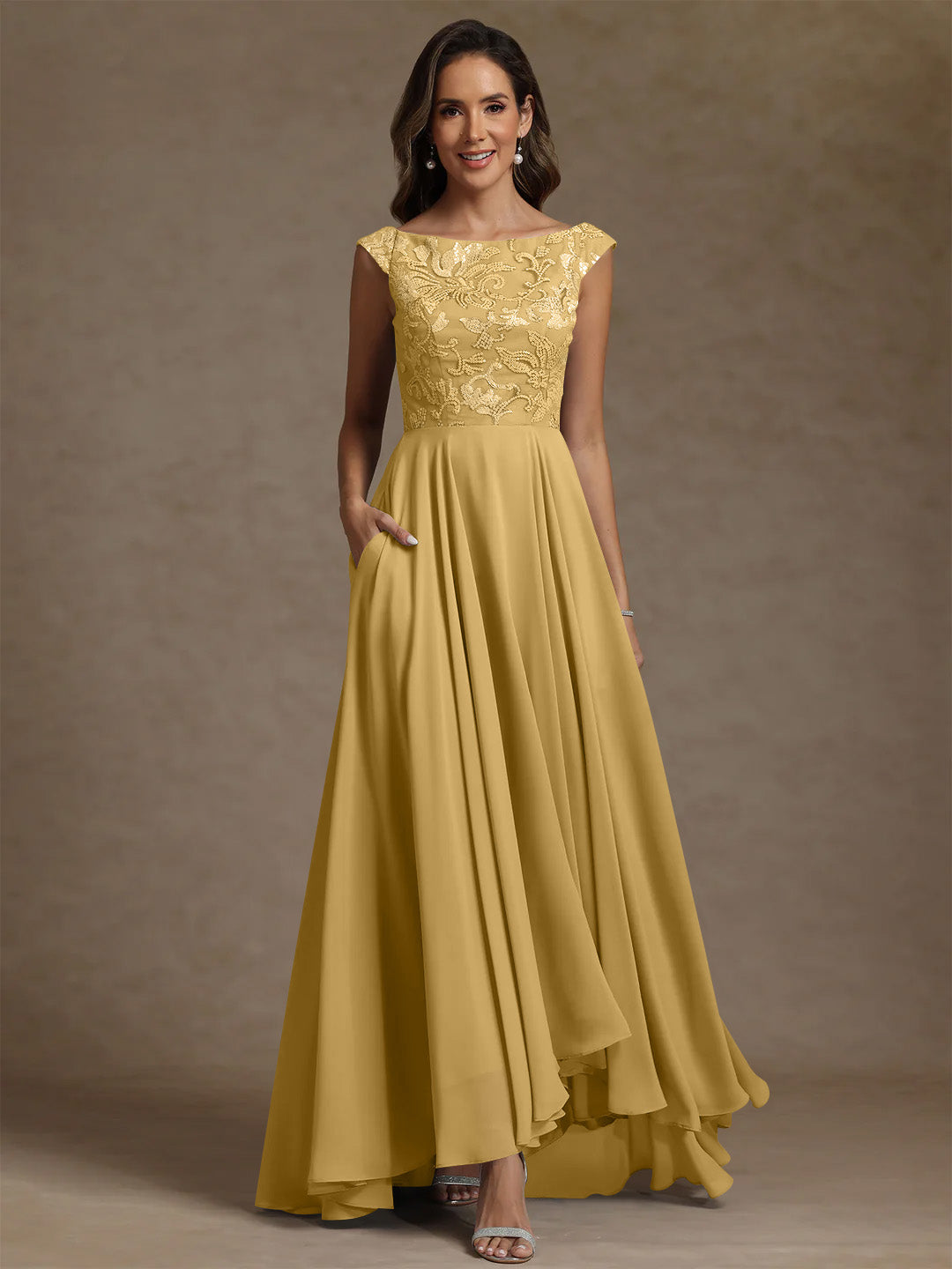 A Line Princess Scoop Chiffon Mother Of The Bride Dresses Lace Sequins Floor Length Sleeveless Pleated