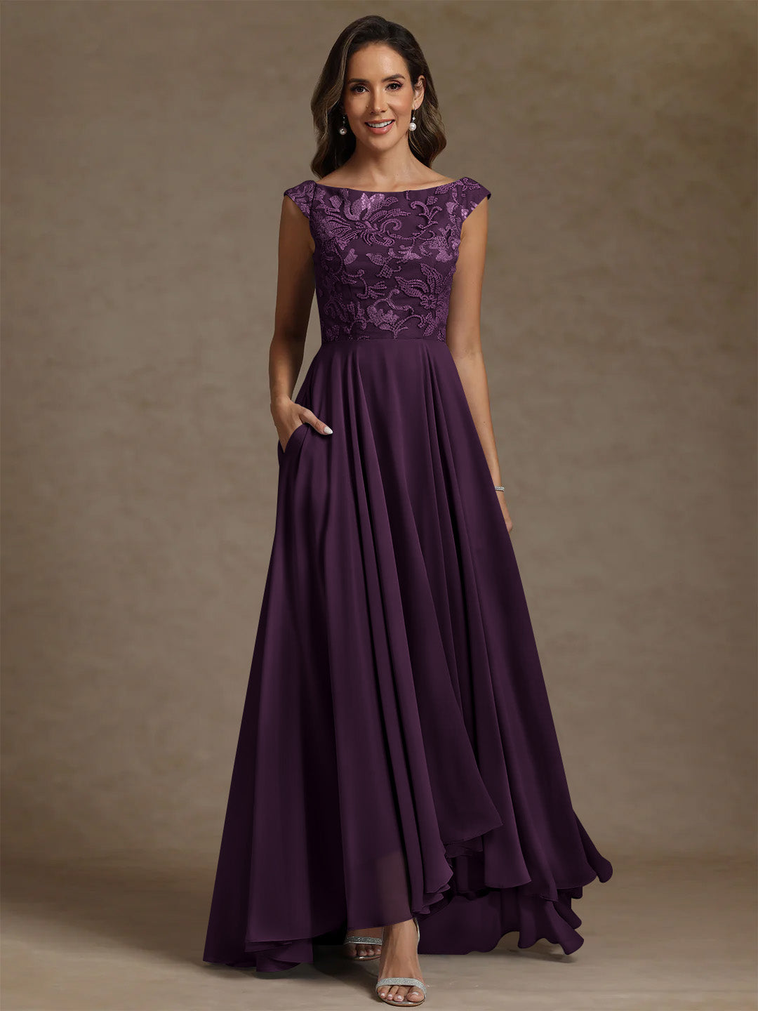 A Line Princess Scoop Chiffon Mother Of The Bride Dresses Lace Sequins Floor Length Sleeveless Pleated
