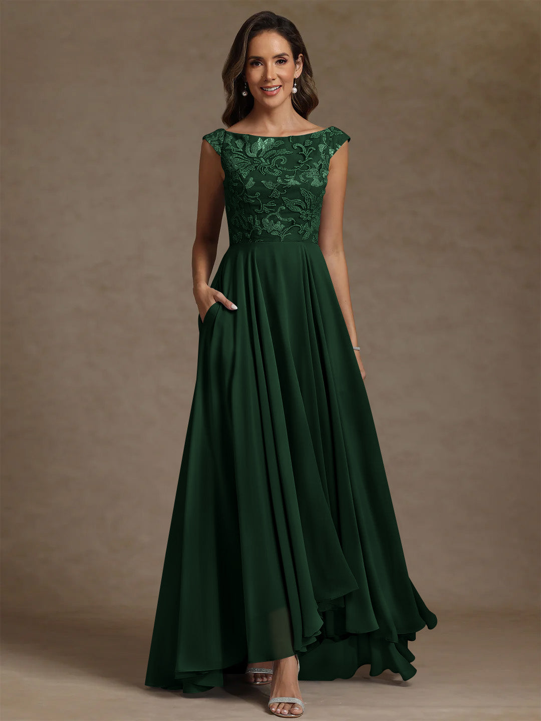 A Line Princess Scoop Chiffon Mother Of The Bride Dresses Lace Sequins Floor Length Sleeveless Pleated