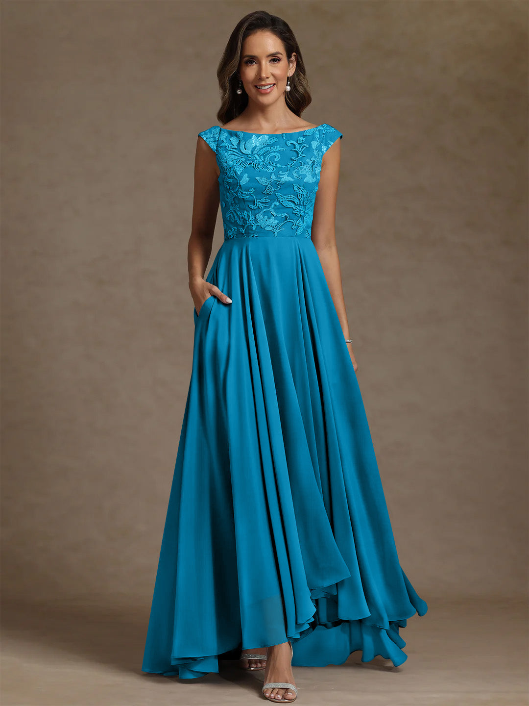 A Line Princess Scoop Chiffon Mother Of The Bride Dresses Lace Sequins Floor Length Sleeveless Pleated