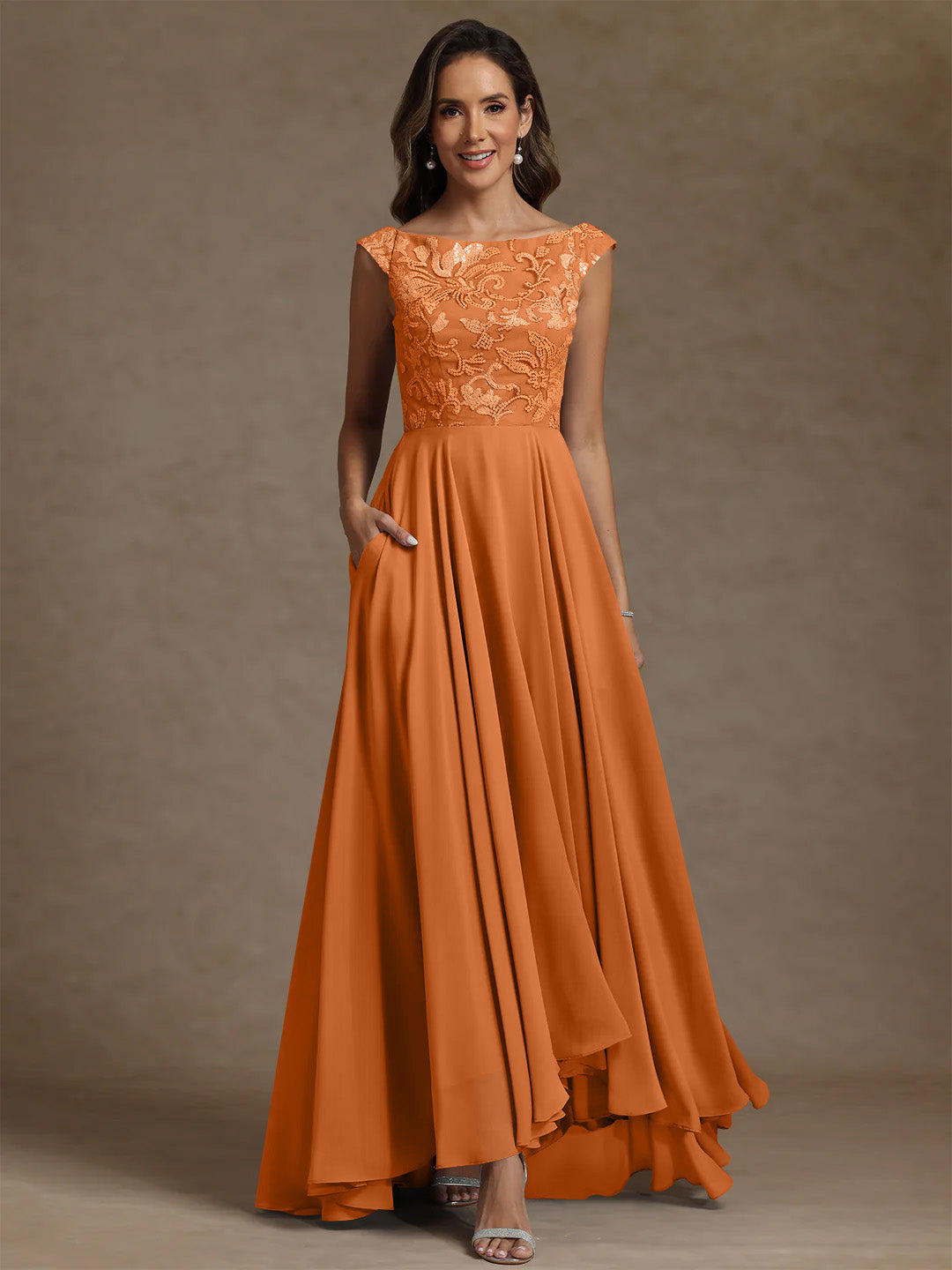 A Line Princess Scoop Chiffon Mother Of The Bride Dresses Lace Sequins Floor Length Sleeveless Pleated