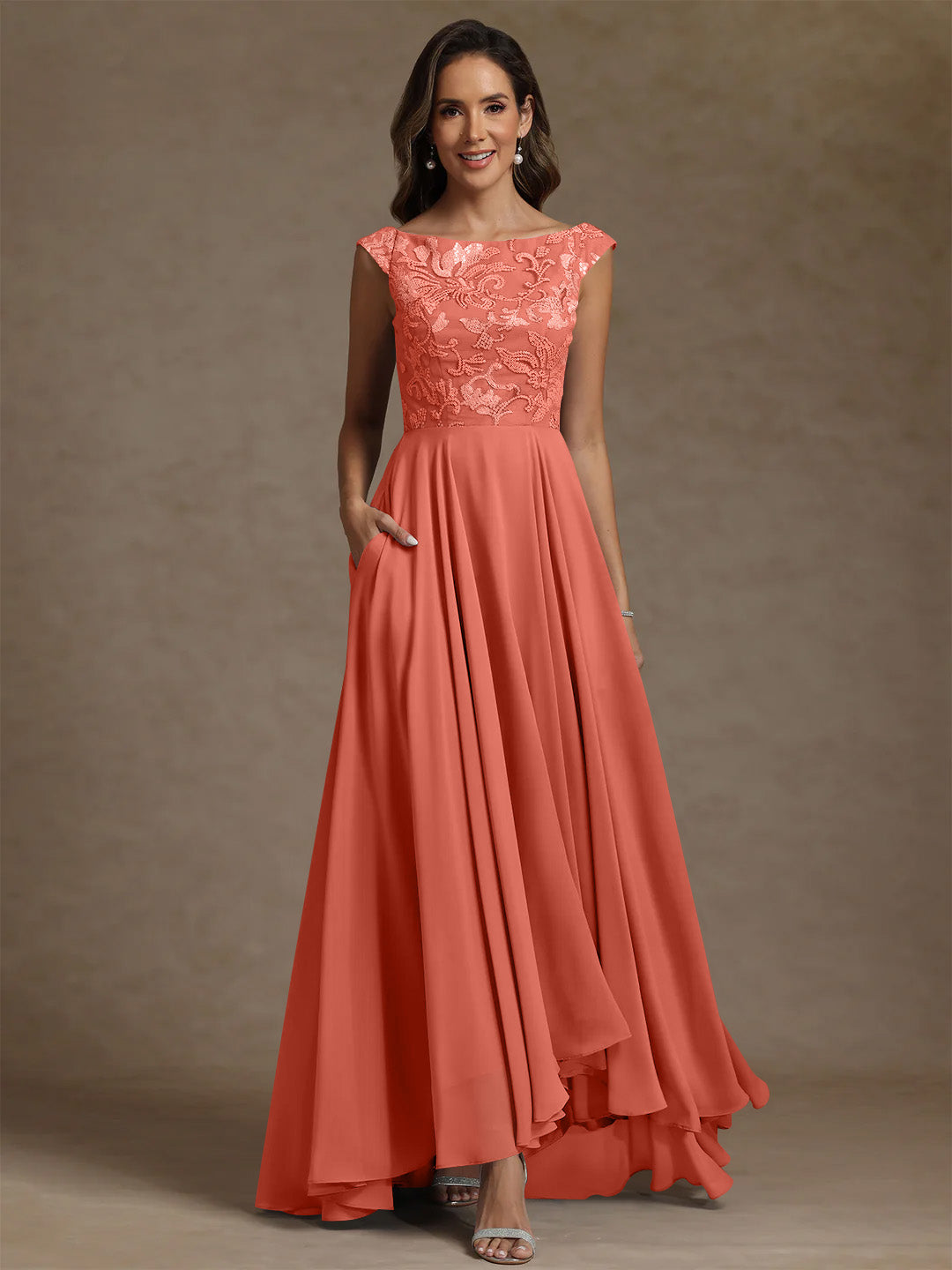 A Line Princess Scoop Chiffon Mother Of The Bride Dresses Lace Sequins Floor Length Sleeveless Pleated