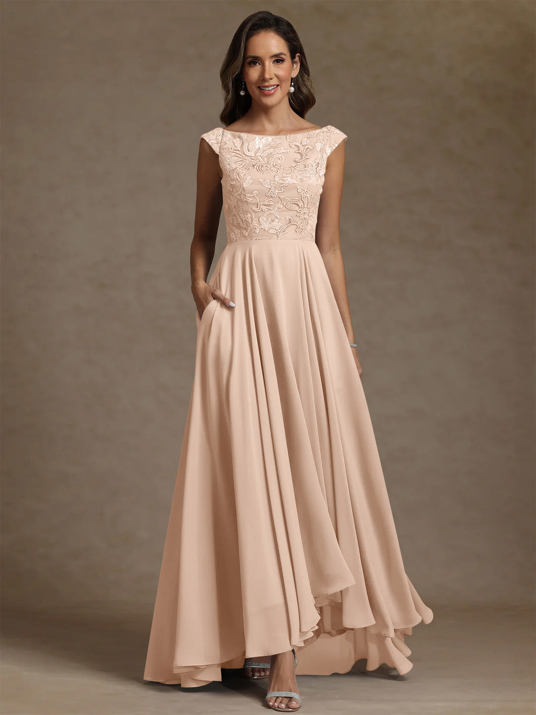 A Line Princess Scoop Chiffon Mother Of The Bride Dresses Lace Sequins Floor Length Sleeveless Pleated
