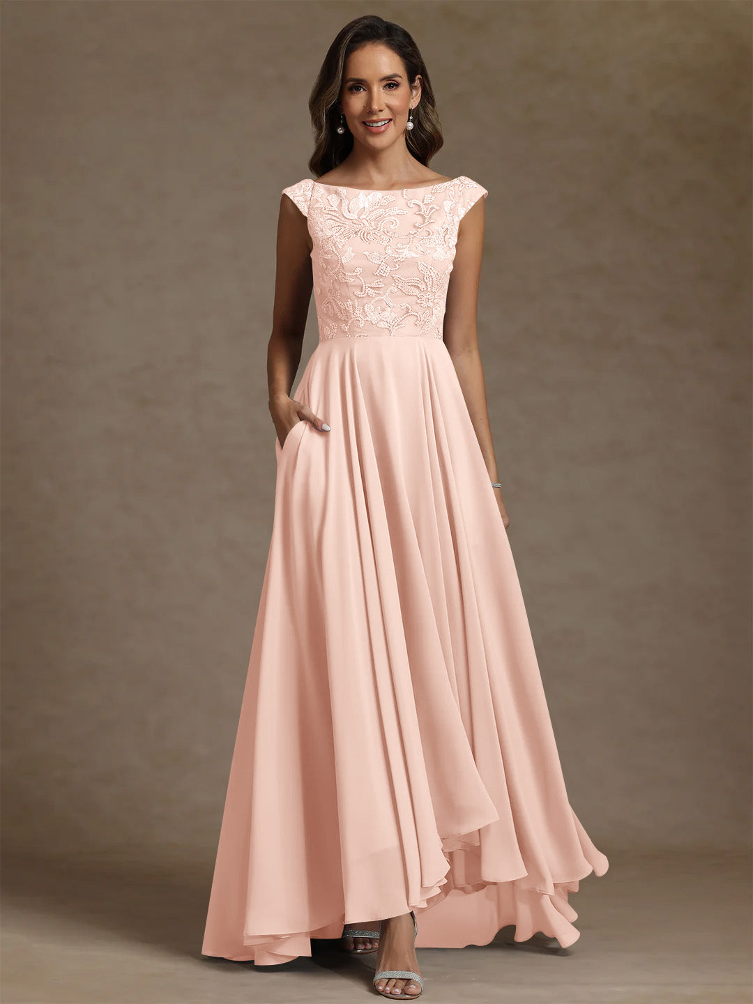 A Line Princess Scoop Chiffon Mother Of The Bride Dresses Lace Sequins Floor Length Sleeveless Pleated