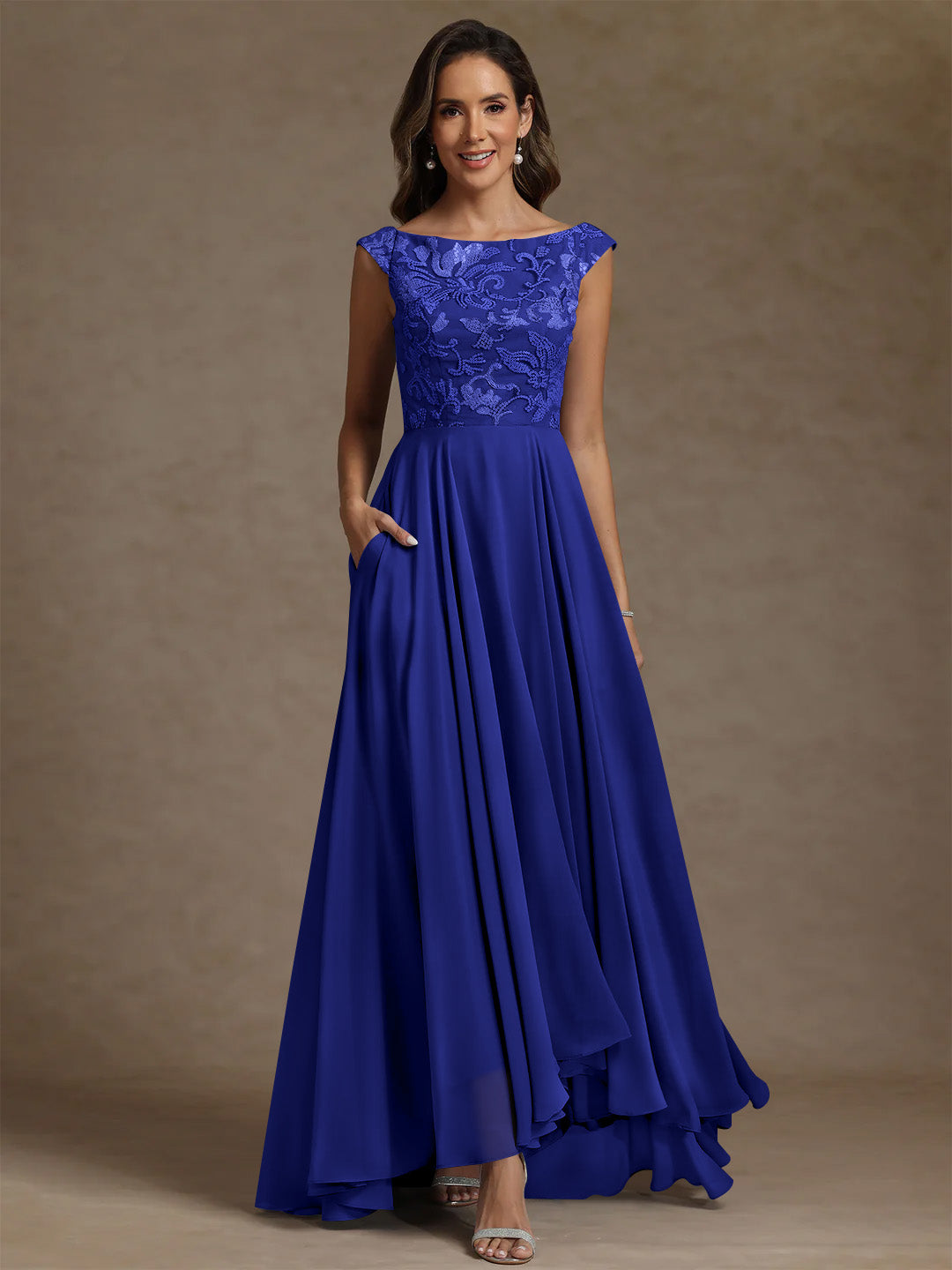 A Line Princess Scoop Chiffon Mother Of The Bride Dresses Lace Sequins Floor Length Sleeveless Pleated