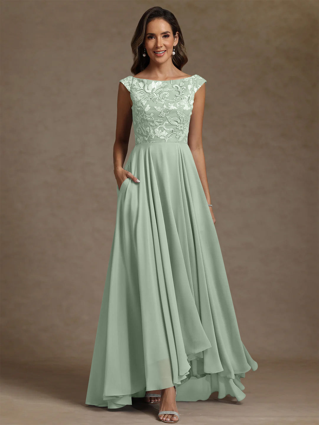 A Line Princess Scoop Chiffon Mother Of The Bride Dresses Lace Sequins Floor Length Sleeveless Pleated