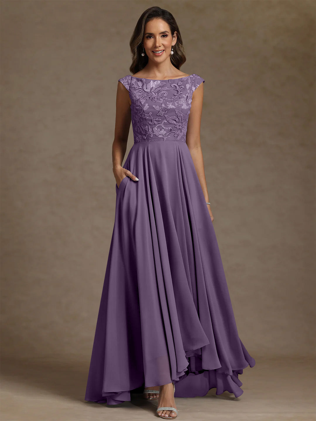 A Line Princess Scoop Chiffon Mother Of The Bride Dresses Lace Sequins Floor Length Sleeveless Pleated
