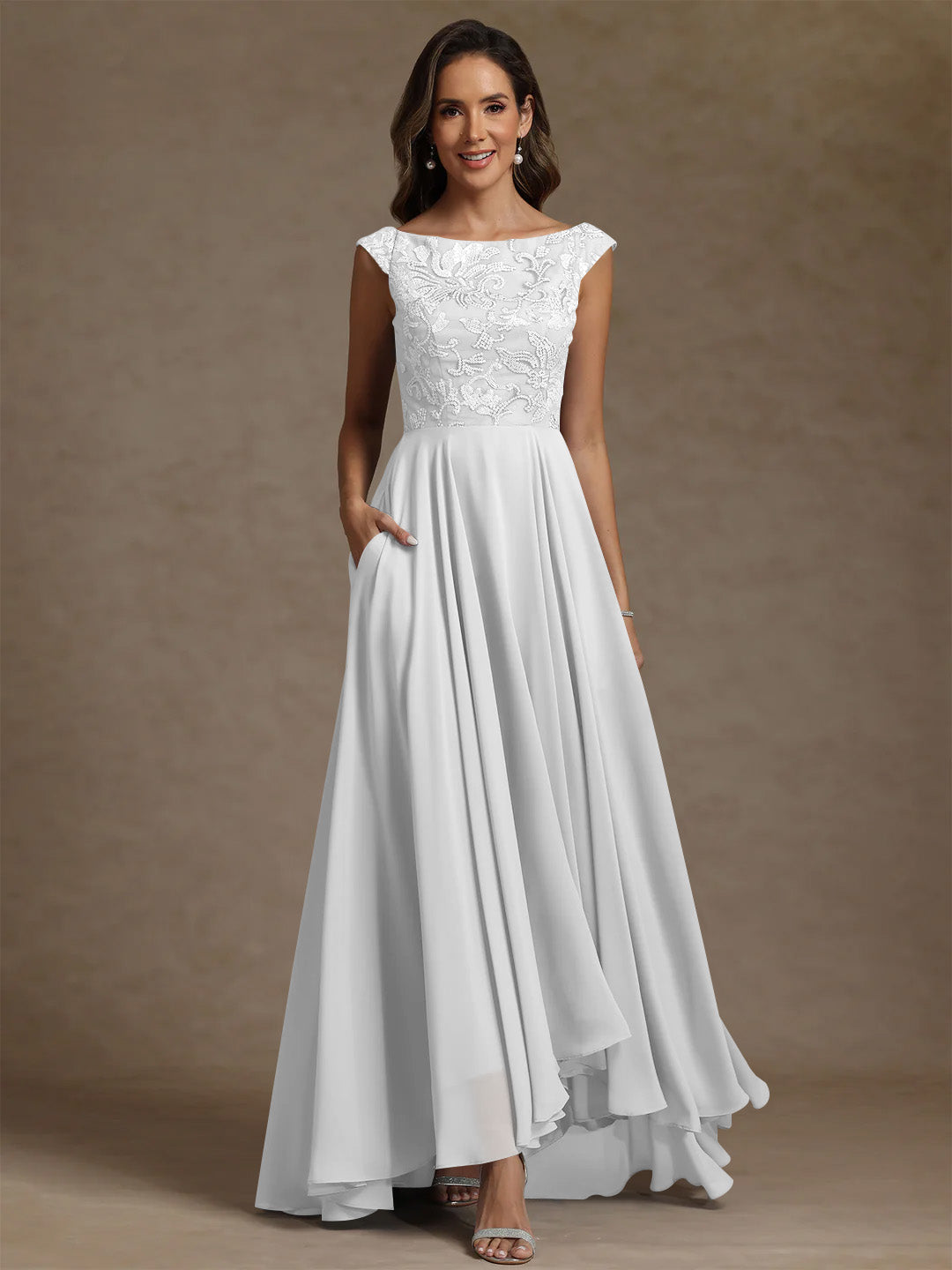 A Line Princess Scoop Chiffon Mother Of The Bride Dresses Lace Sequins Floor Length Sleeveless Pleated