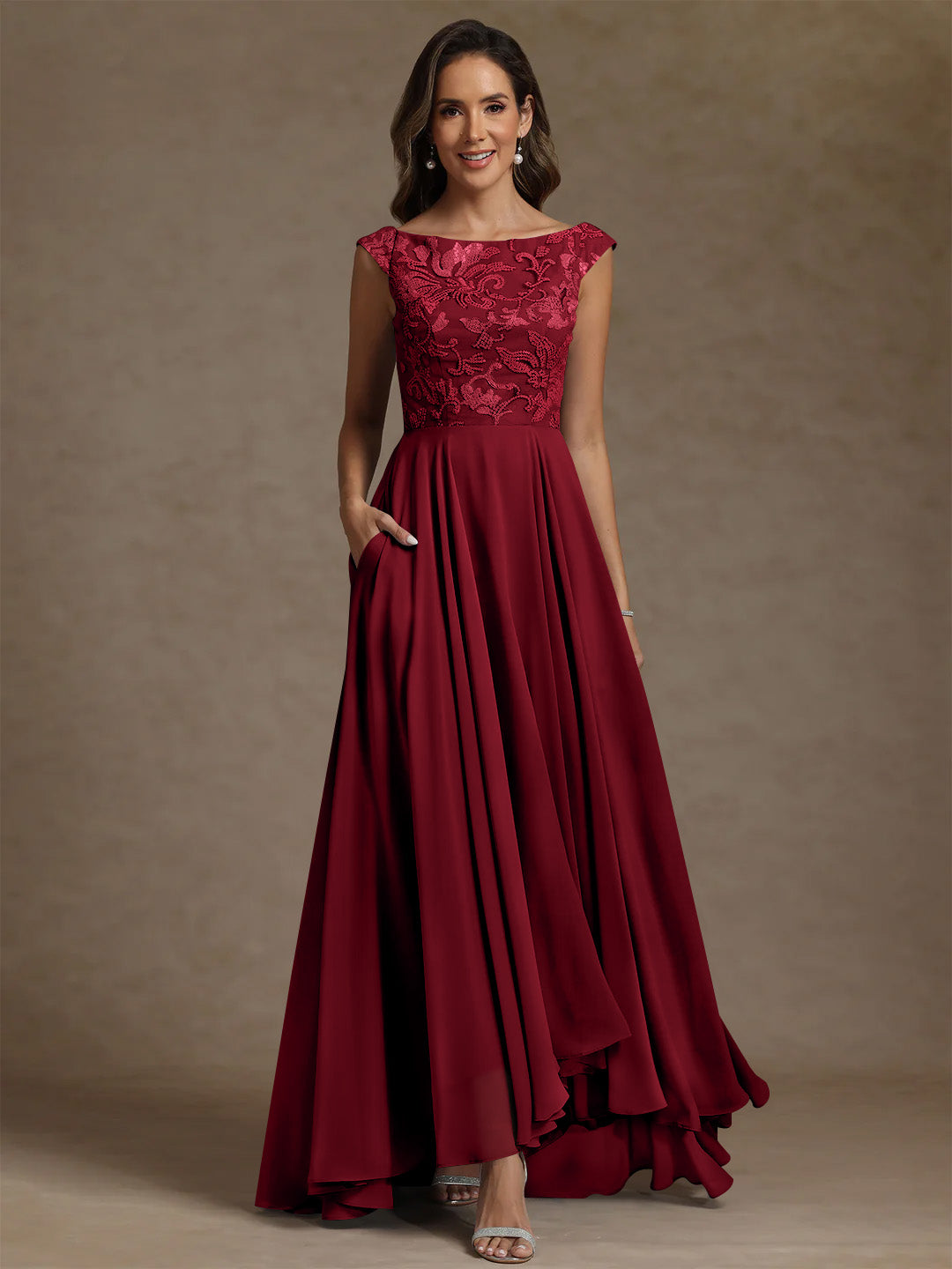 A Line Princess Scoop Chiffon Mother Of The Bride Dresses Lace Sequins Floor Length Sleeveless Pleated