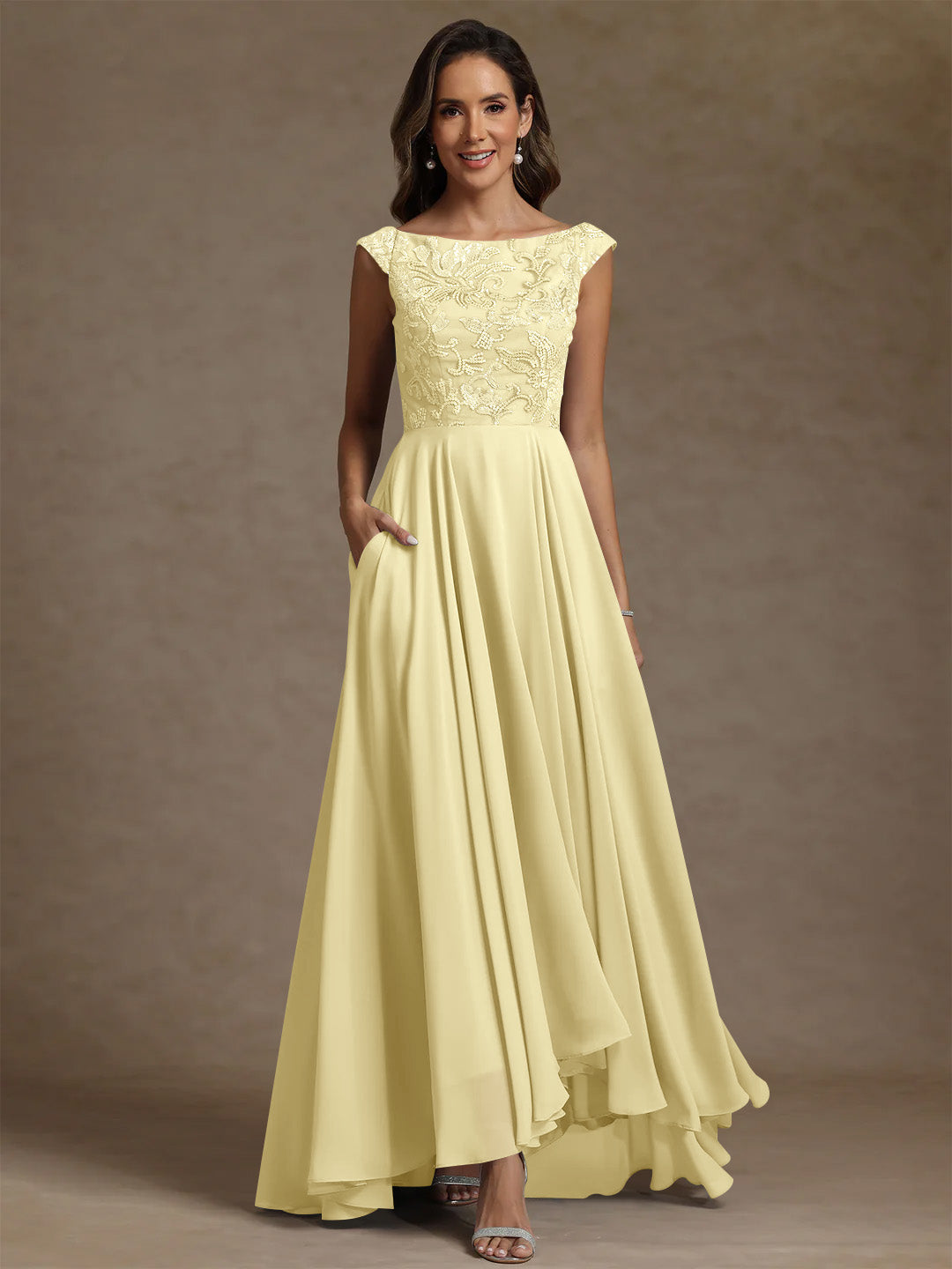 A Line Princess Scoop Chiffon Mother Of The Bride Dresses Lace Sequins Floor Length Sleeveless Pleated