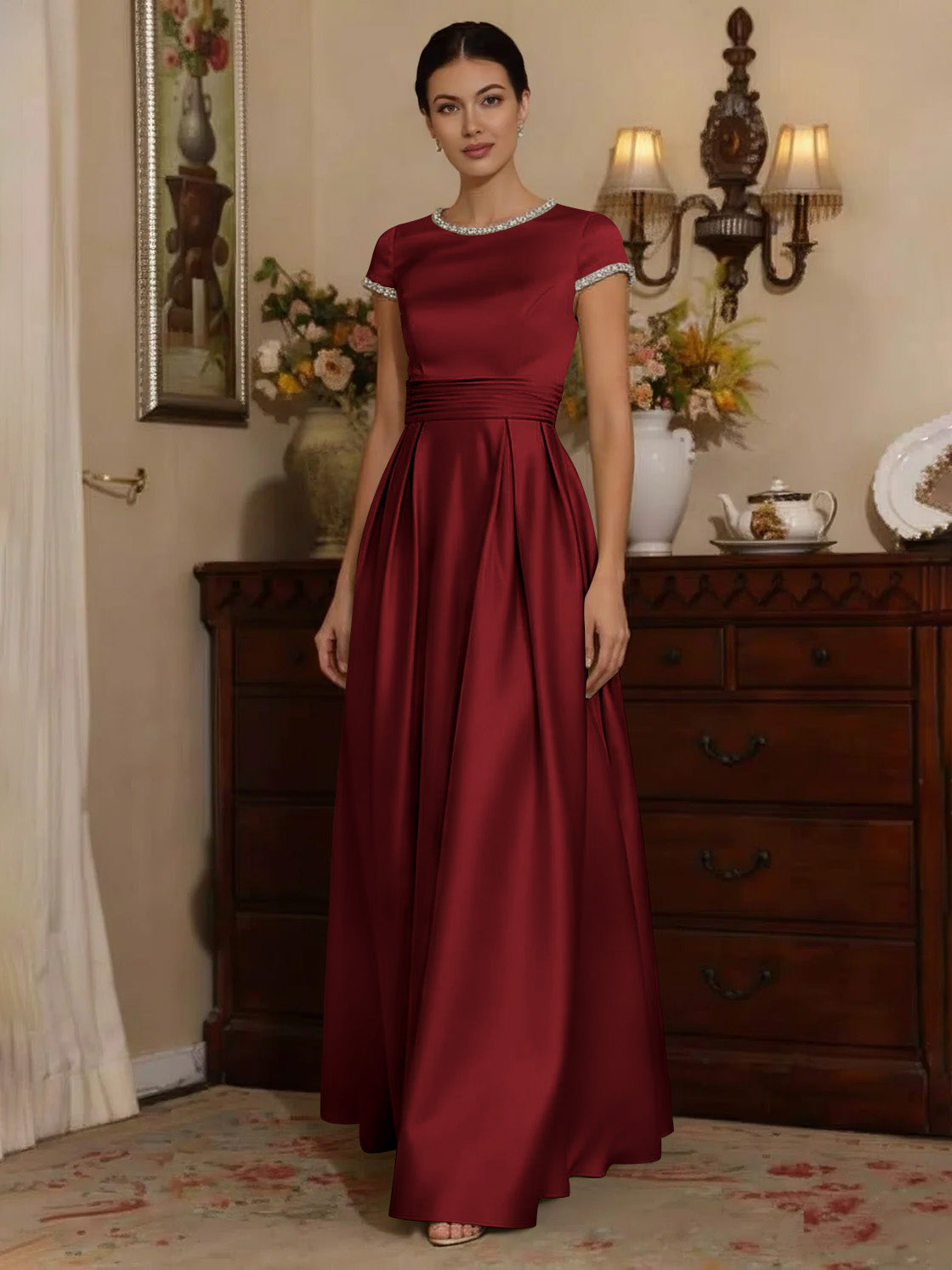 A Line Princess Silk Satin Jewel Neck Mother Ofthe Bride Dresses Floor Length Short Sleeves Rhinestone