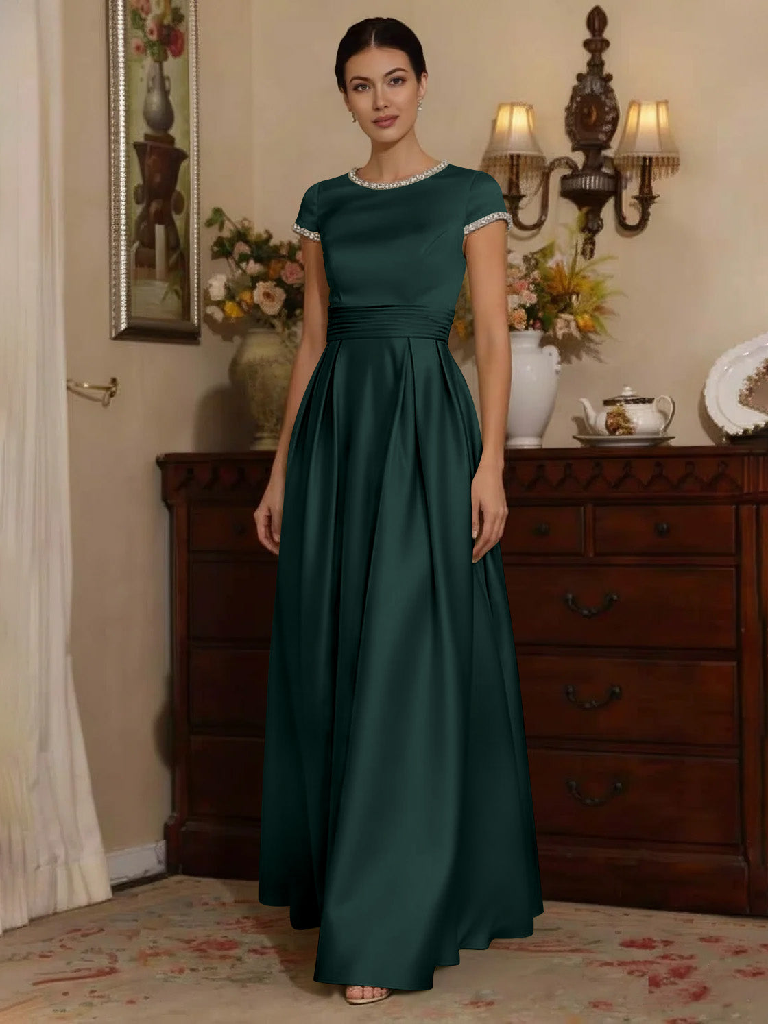 A Line Princess Silk Satin Jewel Neck Mother Ofthe Bride Dresses Floor Length Short Sleeves Rhinestone