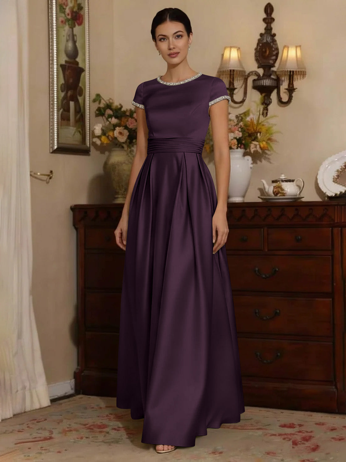 A Line Princess Silk Satin Jewel Neck Mother Ofthe Bride Dresses Floor Length Short Sleeves Rhinestone