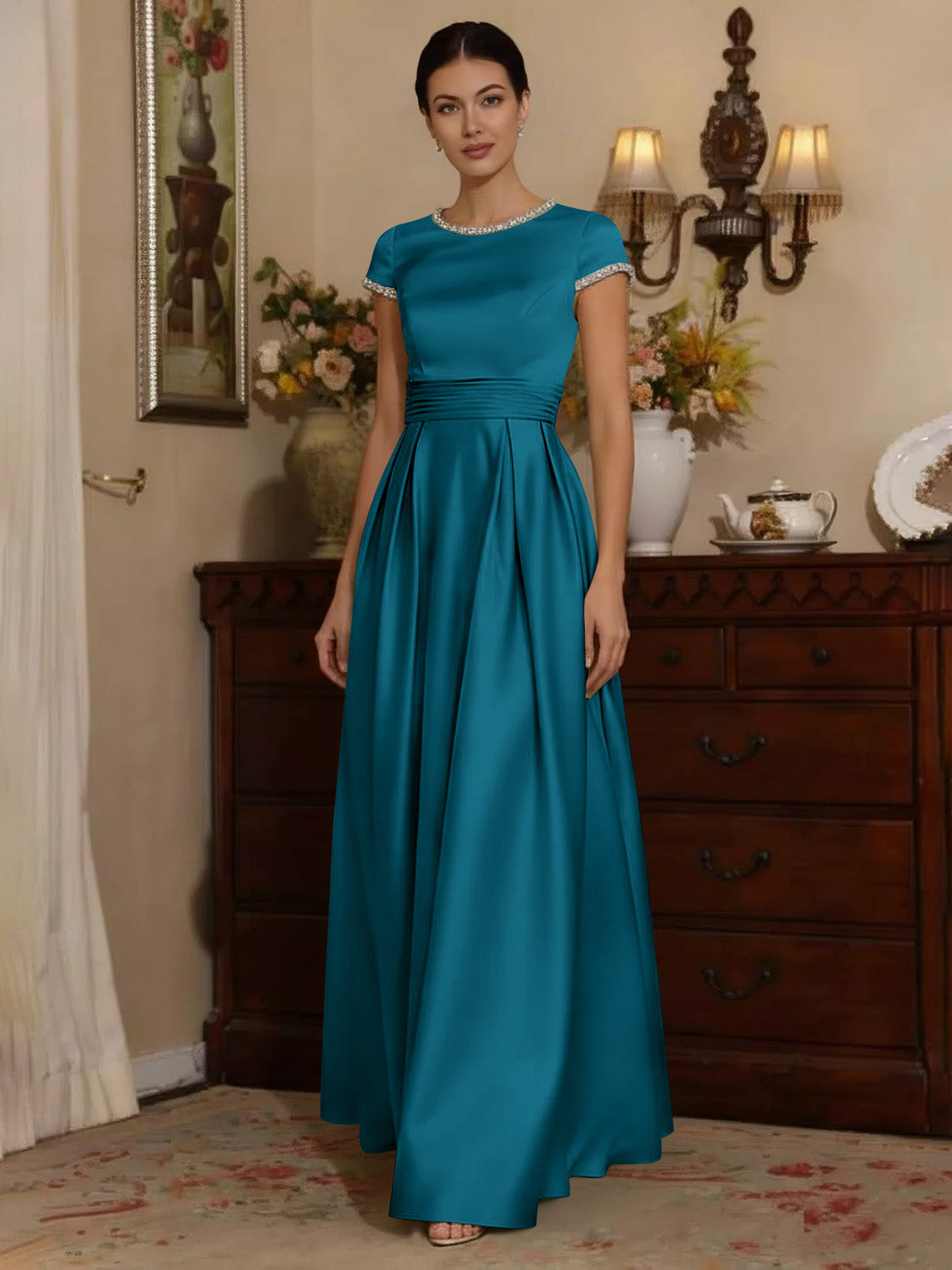 A Line Princess Silk Satin Jewel Neck Mother Ofthe Bride Dresses Floor Length Short Sleeves Rhinestone