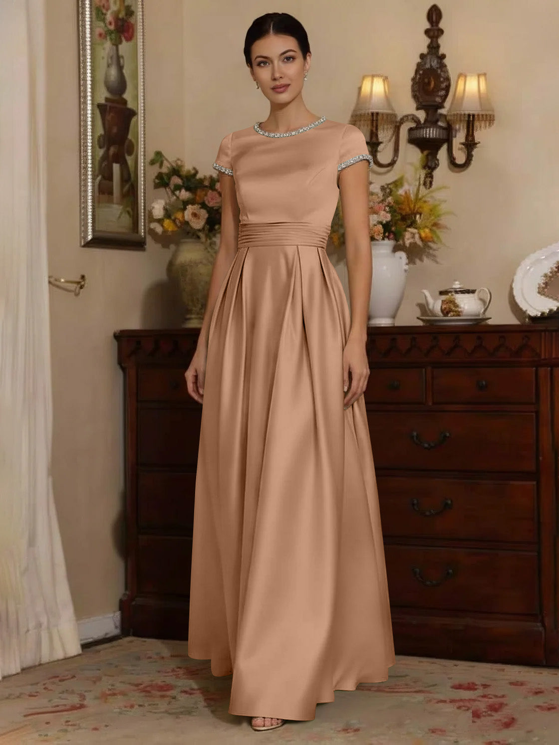A Line Princess Silk Satin Jewel Neck Mother Ofthe Bride Dresses Floor Length Short Sleeves Rhinestone