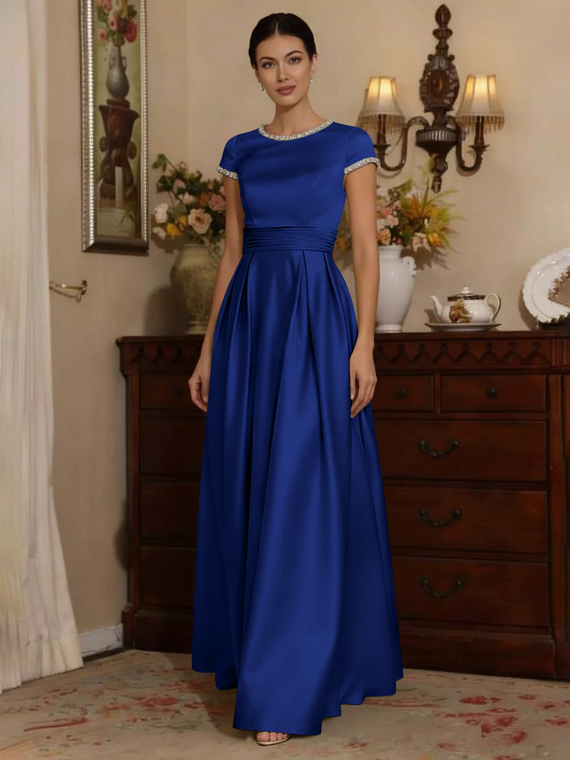 A Line Princess Silk Satin Jewel Neck Mother Ofthe Bride Dresses Floor Length Short Sleeves Rhinestone