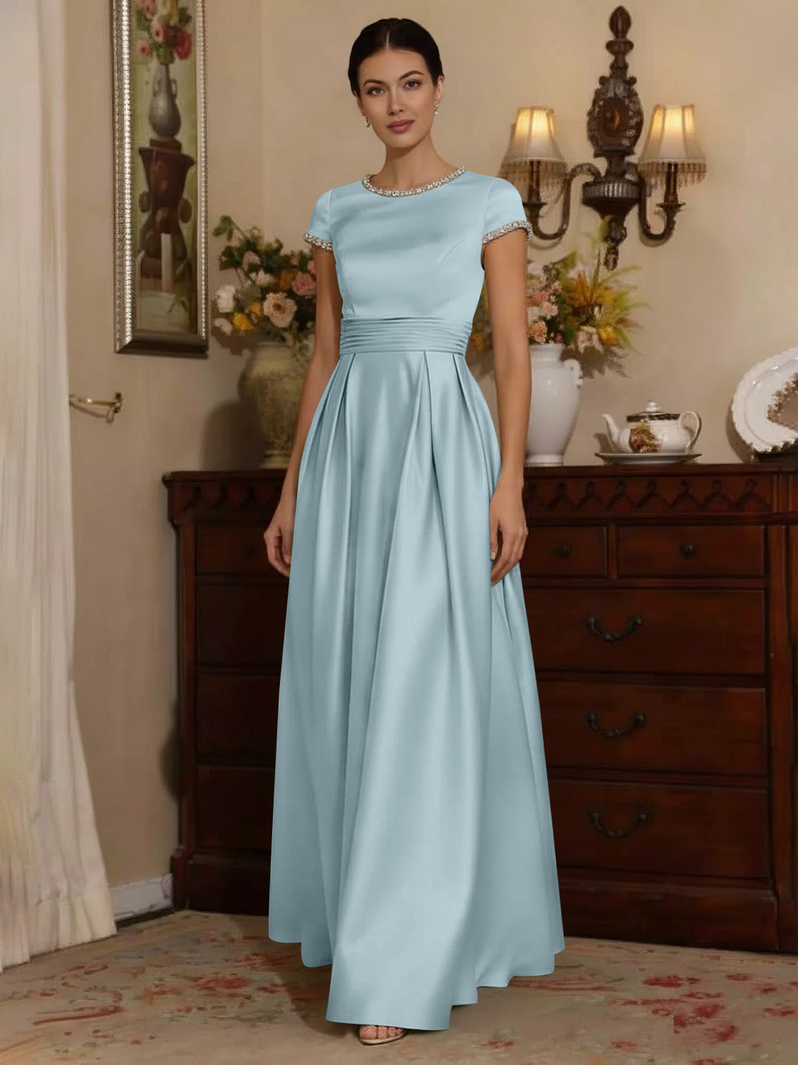 A Line Princess Silk Satin Jewel Neck Mother Ofthe Bride Dresses Floor Length Short Sleeves Rhinestone