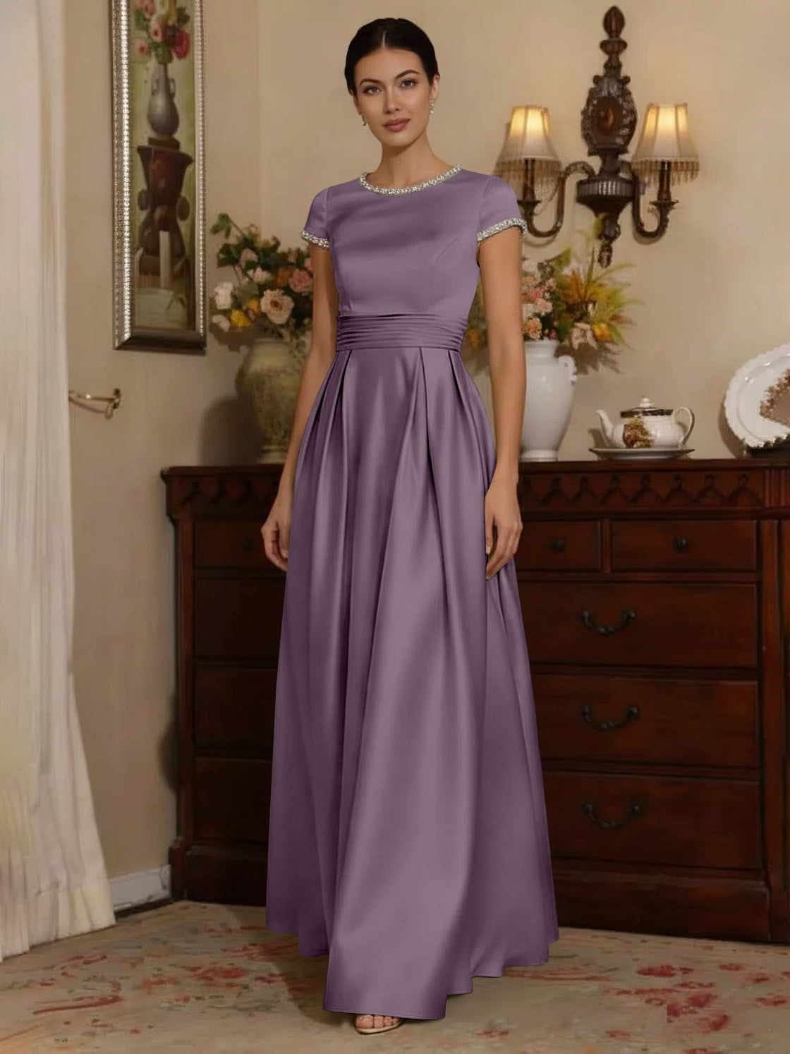 A Line Princess Silk Satin Jewel Neck Mother Ofthe Bride Dresses Floor Length Short Sleeves Rhinestone