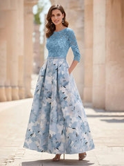 A Line Princess Scoop Satin Mother Of The Bride Dresses Lace Ankle Length Half Sleeves Printed Flower