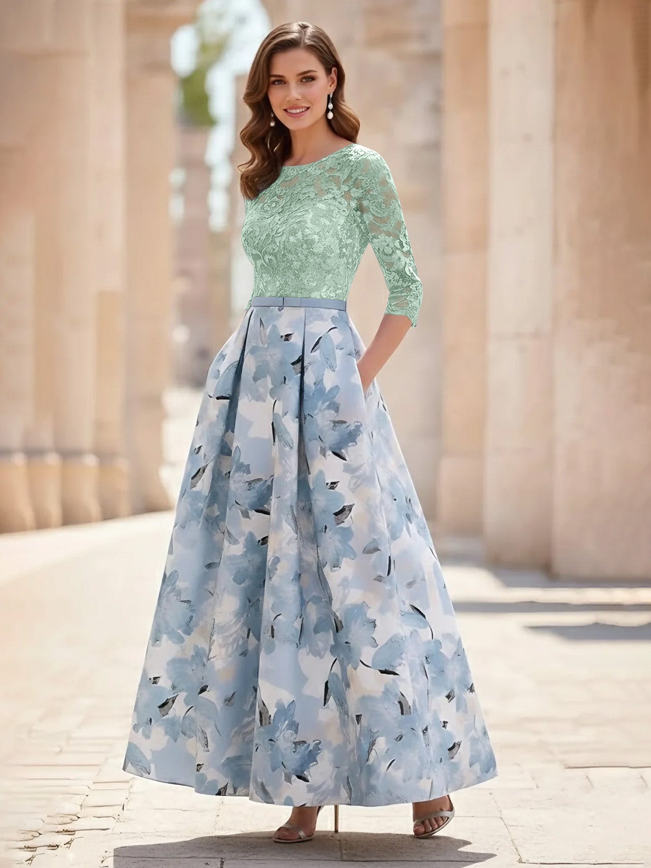 A Line Princess Scoop Satin Mother Of The Bride Dresses Lace Ankle Length Half Sleeves Printed Flower