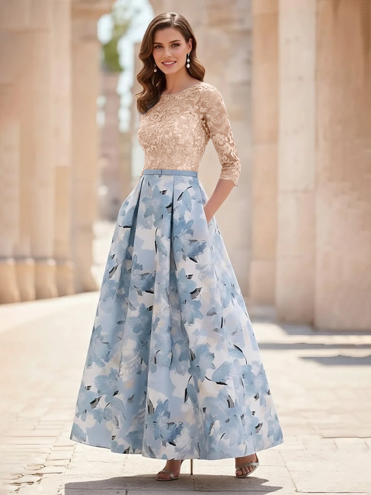 A Line Princess Scoop Satin Mother Of The Bride Dresses Lace Ankle Length Half Sleeves Printed Flower