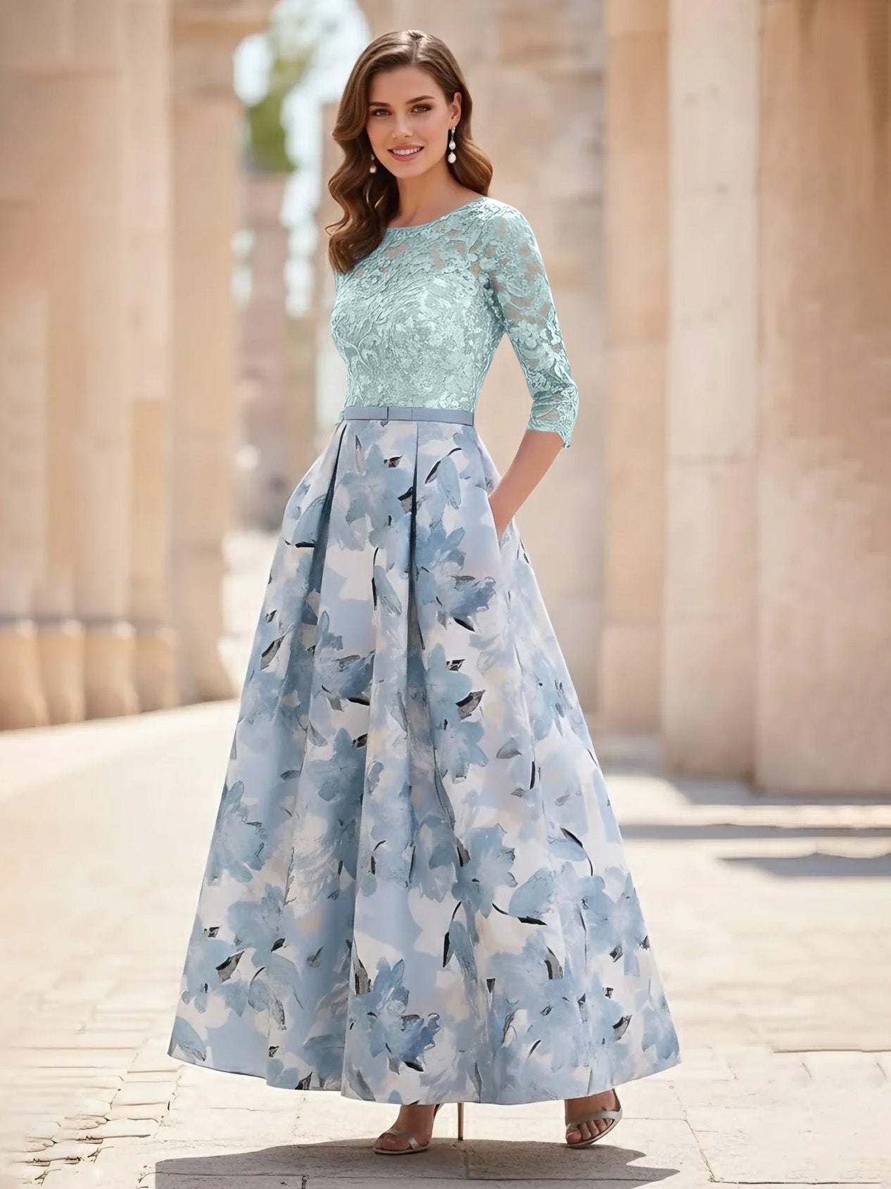 A Line Princess Scoop Satin Mother Of The Bride Dresses Lace Ankle Length Half Sleeves Printed Flower