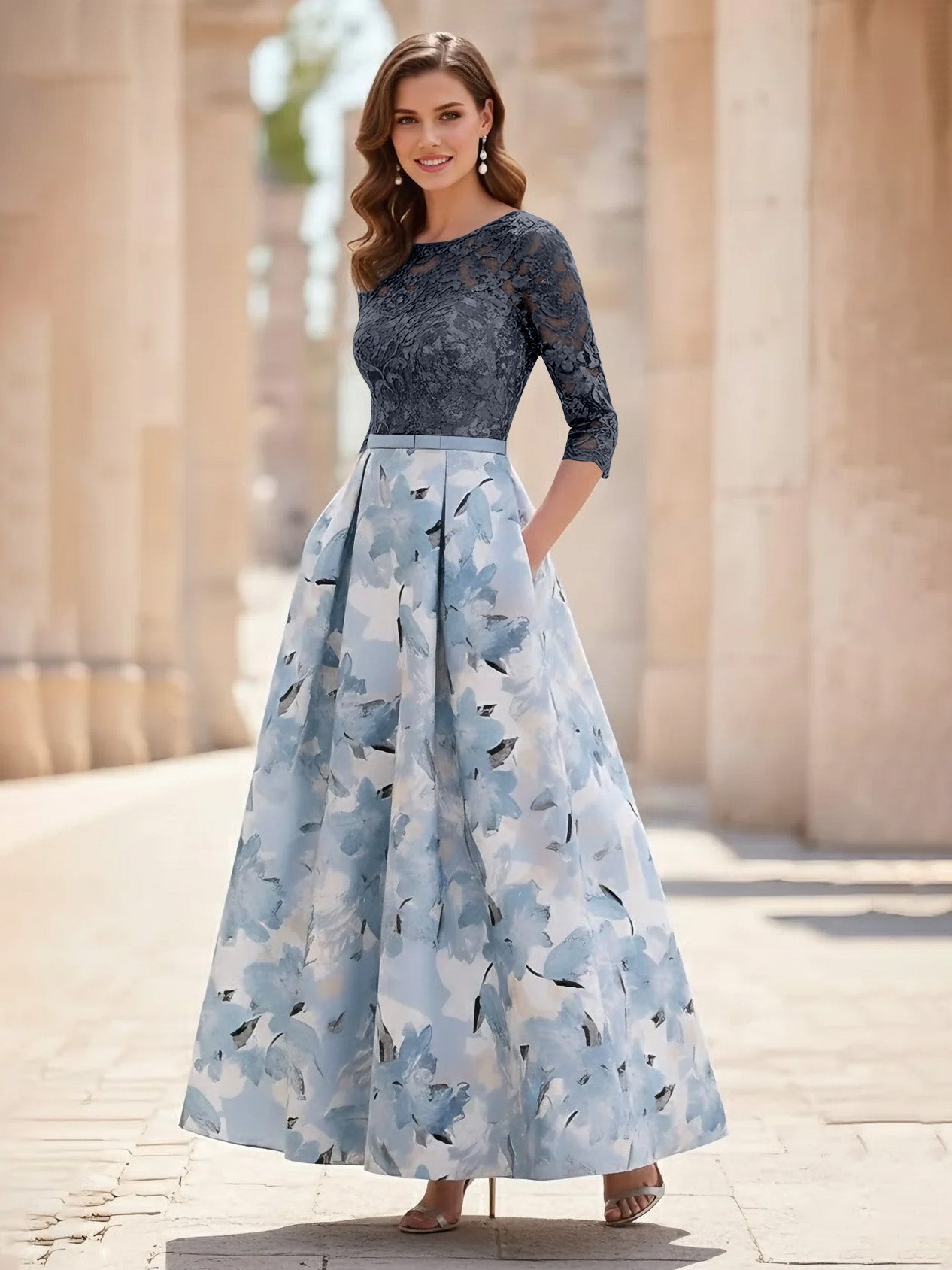 A Line Princess Scoop Satin Mother Of The Bride Dresses Lace Ankle Length Half Sleeves Printed Flower