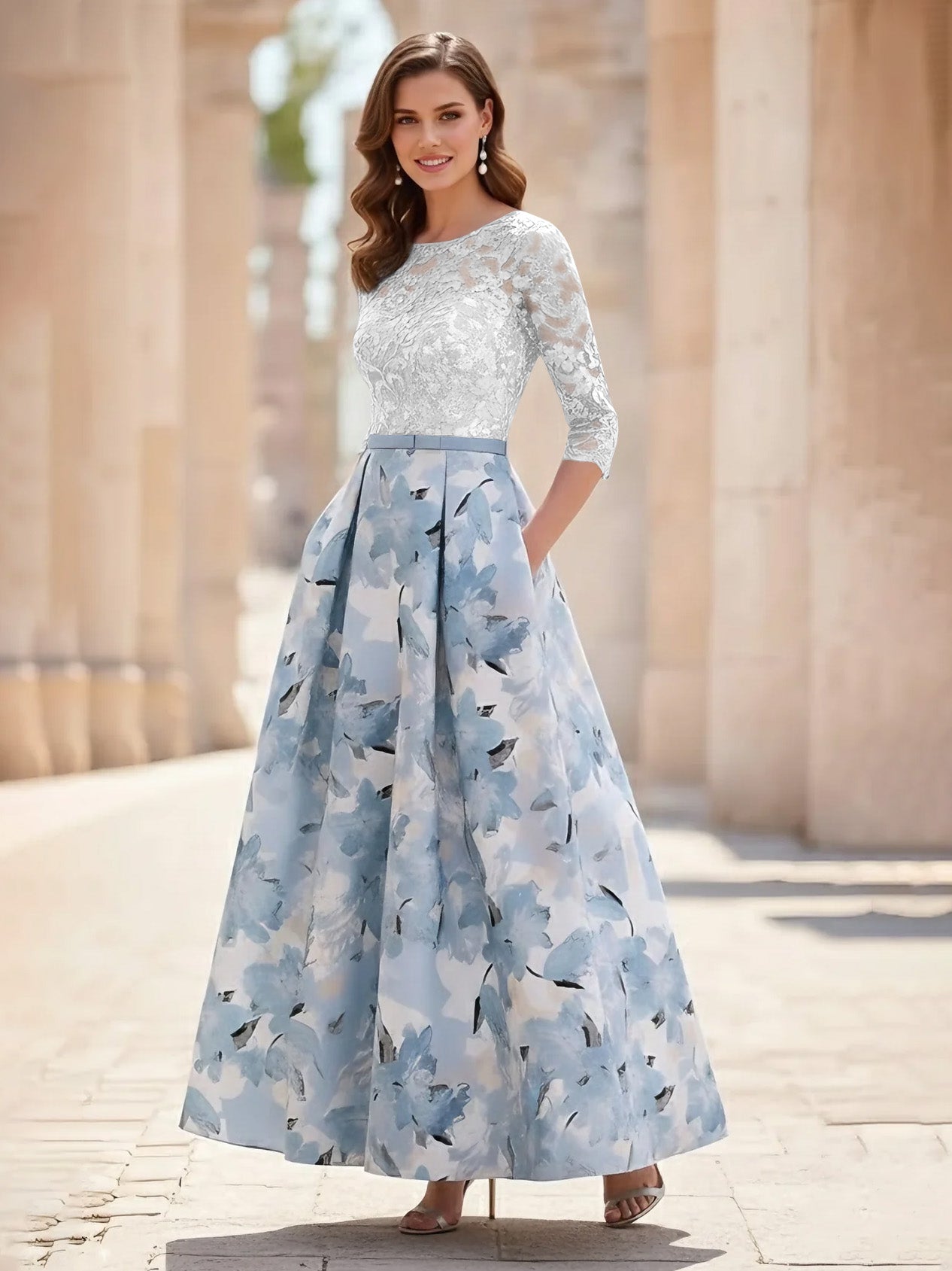 A Line Princess Scoop Satin Mother Of The Bride Dresses Lace Ankle Length Half Sleeves Printed Flower
