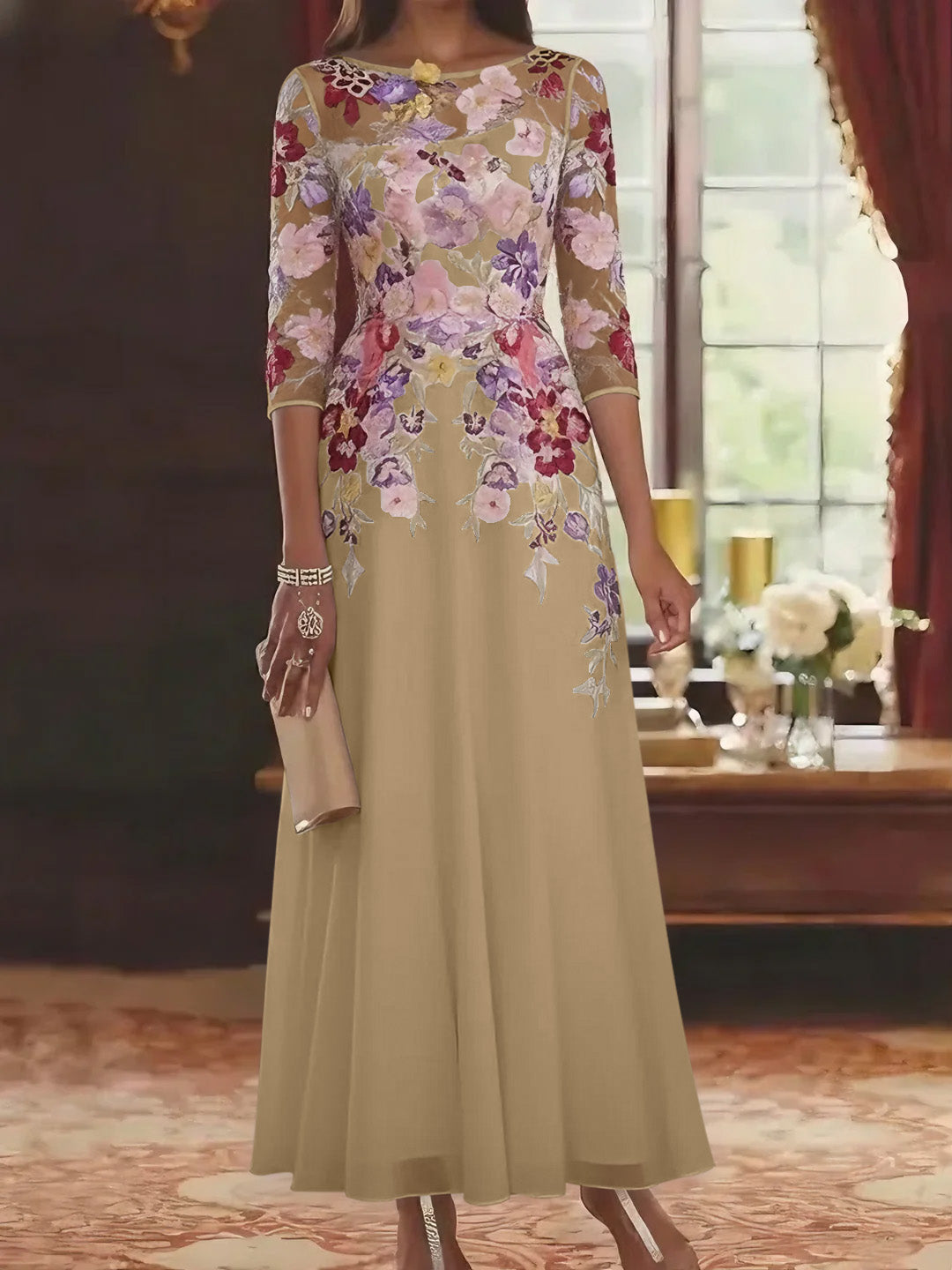 A Line Princess Scoop Chiffon Mother Of The Bride Dresses Lace Floral Half Sleeves Ankle Length