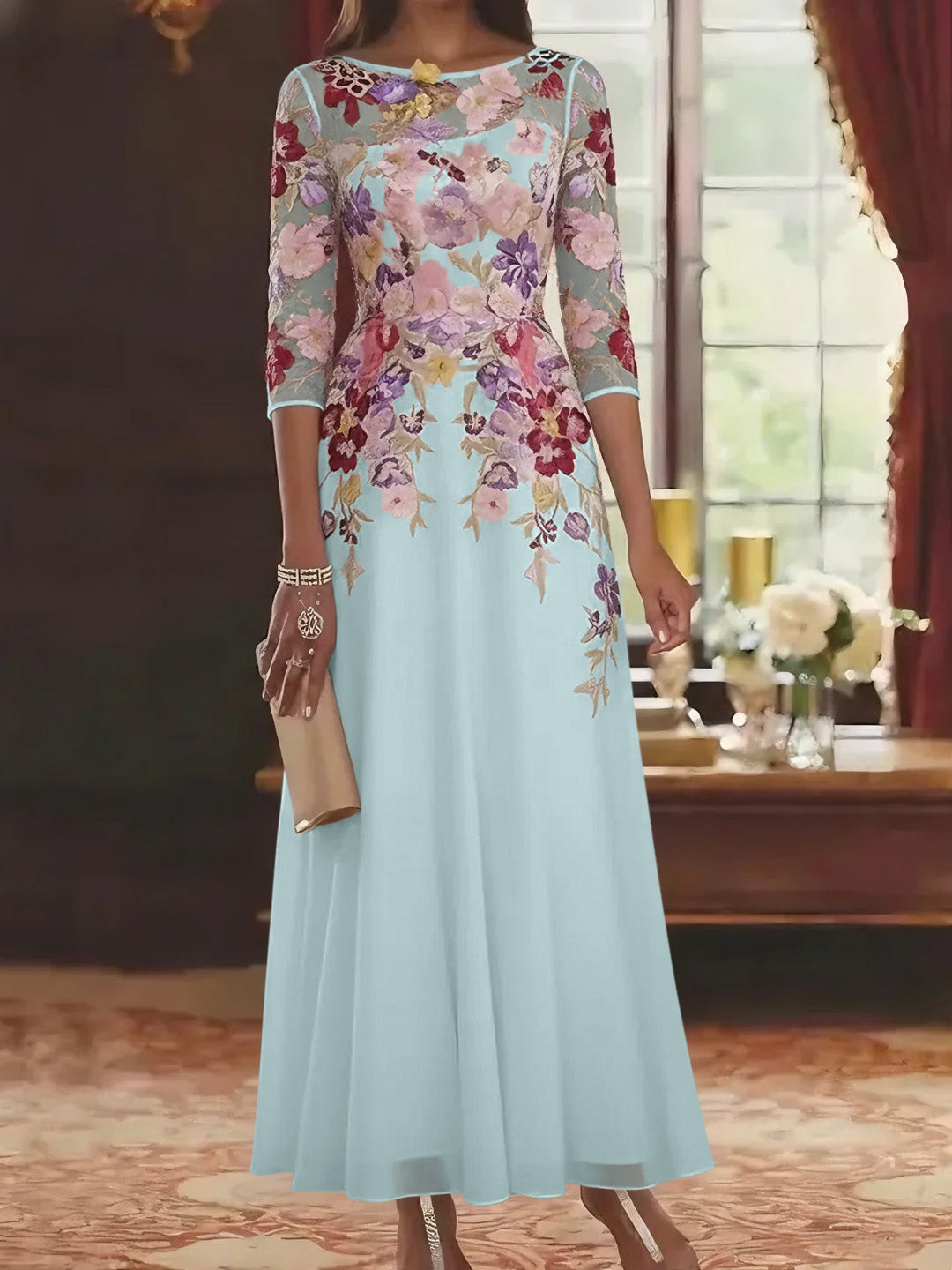 A Line Princess Scoop Chiffon Mother Of The Bride Dresses Lace Floral Half Sleeves Ankle Length