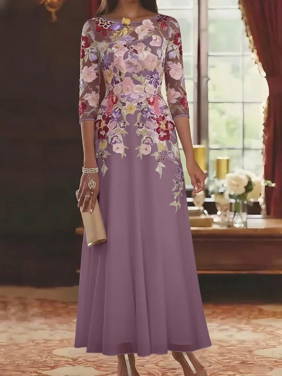 A Line Princess Scoop Chiffon Mother Of The Bride Dresses Lace Floral Half Sleeves Ankle Length