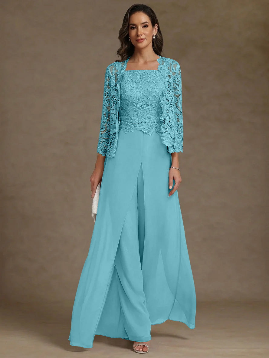 3 Pieces Square Collar Chiffon Mother Of The Bride Pantsuits With Jacket Lace Ankle Length With Overskirt 3 4 Sleeves