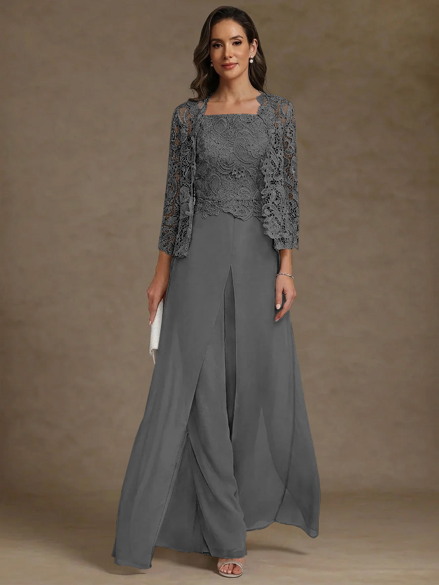 3 Pieces Square Collar Chiffon Mother Of The Bride Pantsuits With Jacket Lace Ankle Length With Overskirt 3 4 Sleeves
