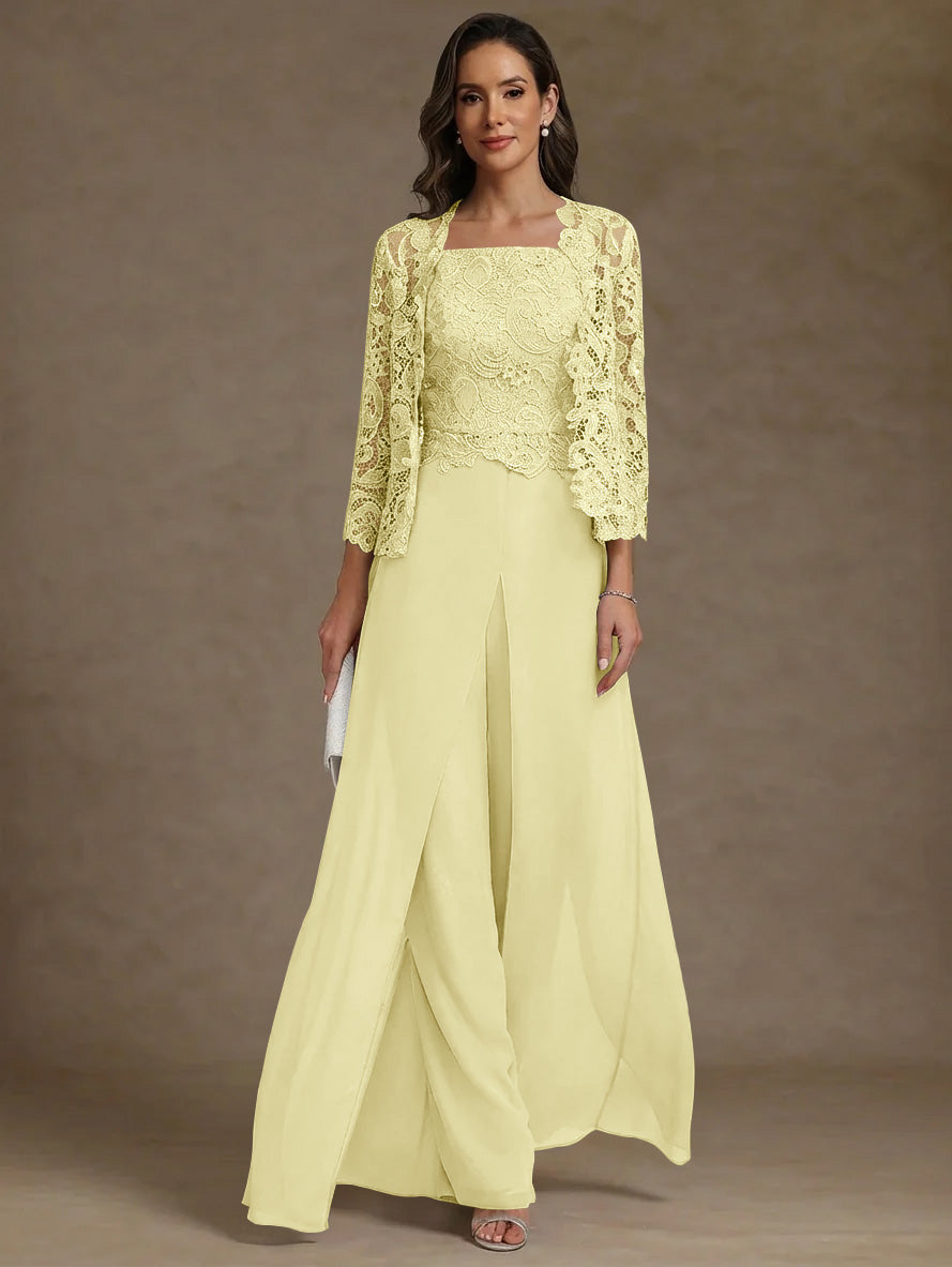 3 Pieces Square Collar Chiffon Mother Of The Bride Pantsuits With Jacket Lace Ankle Length With Overskirt 3 4 Sleeves