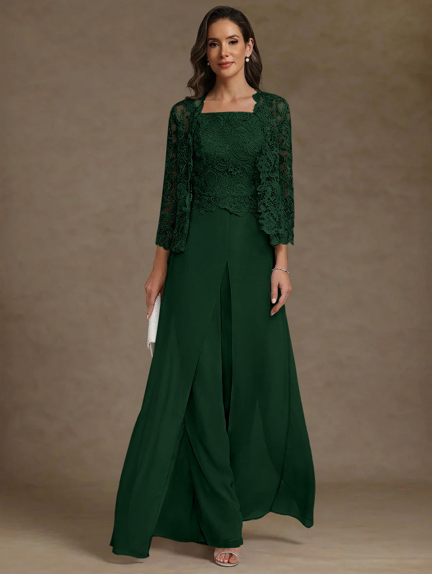3 Pieces Square Collar Chiffon Mother Of The Bride Pantsuits With Jacket Lace Ankle Length With Overskirt 3 4 Sleeves