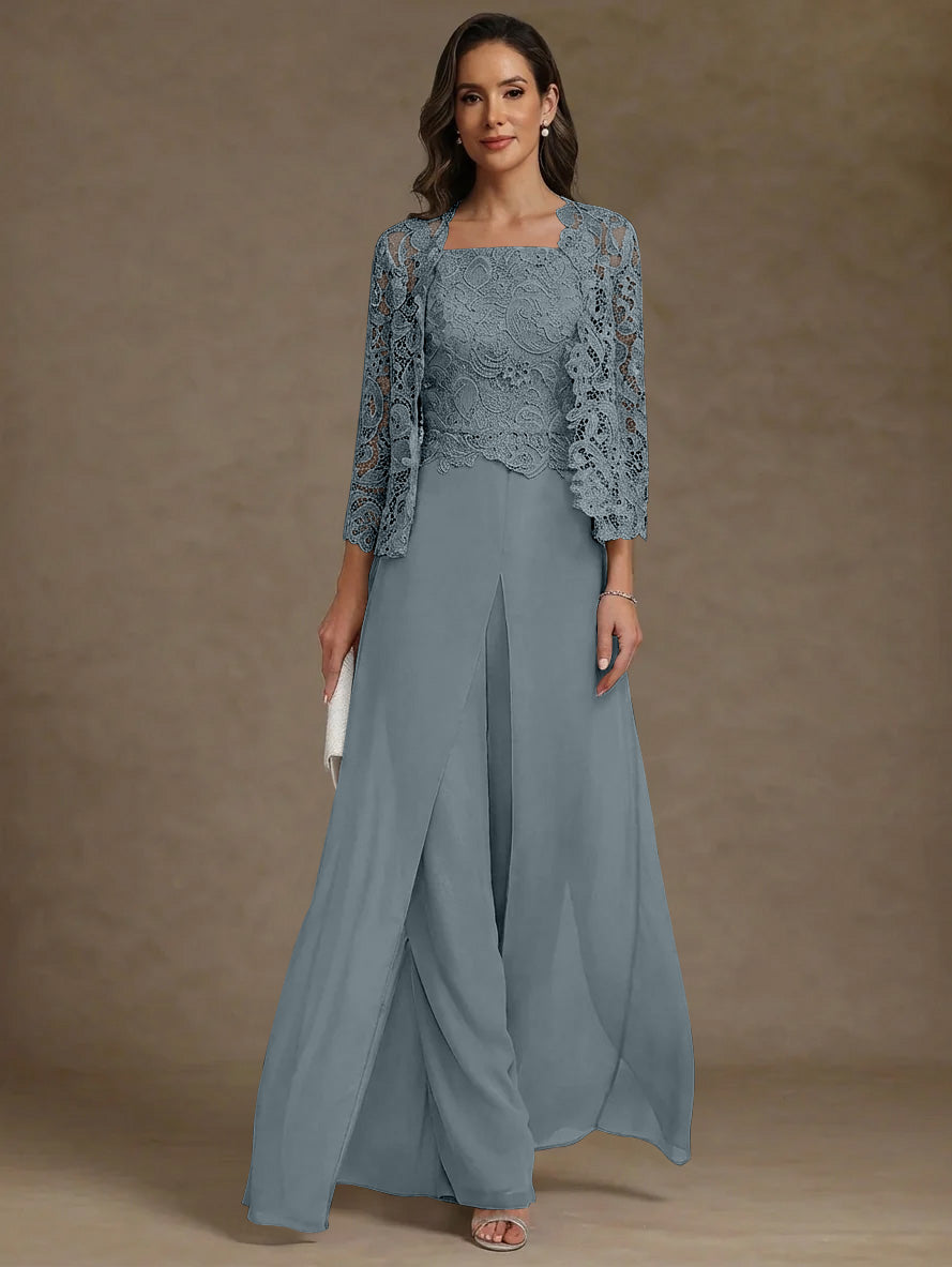 3 Pieces Square Collar Chiffon Mother Of The Bride Pantsuits With Jacket Lace Ankle Length With Overskirt 3 4 Sleeves