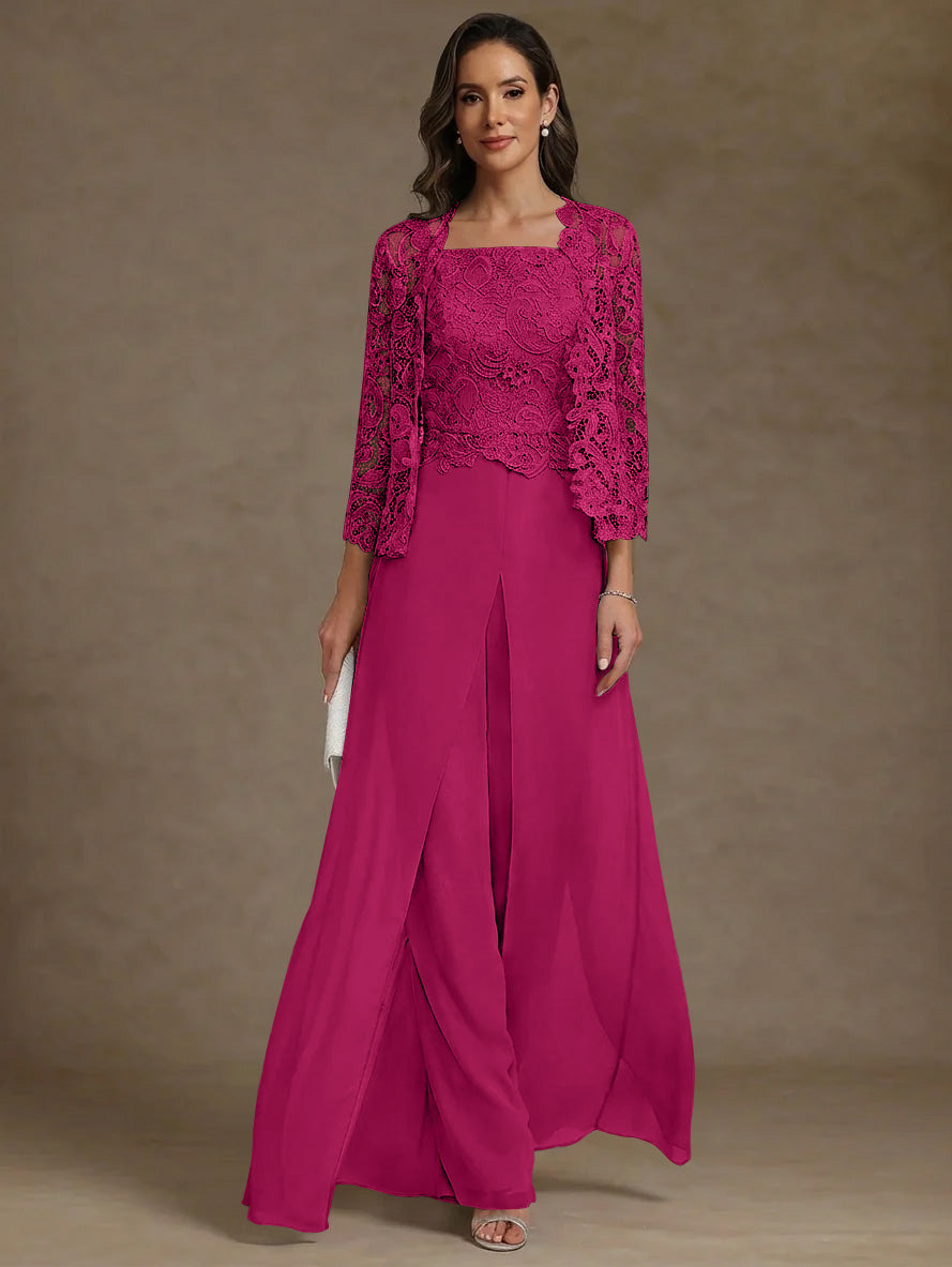 3 Pieces Square Collar Chiffon Mother Of The Bride Pantsuits With Jacket Lace Ankle Length With Overskirt 3 4 Sleeves