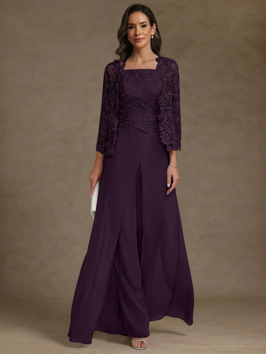 3 Pieces Square Collar Chiffon Mother Of The Bride Pantsuits With Jacket Lace Ankle Length With Overskirt 3 4 Sleeves