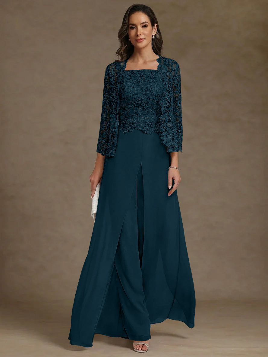 3 Pieces Square Collar Chiffon Mother Of The Bride Pantsuits With Jacket Lace Ankle Length With Overskirt 3 4 Sleeves