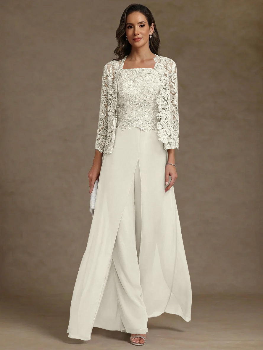 3 Pieces Square Collar Chiffon Mother Of The Bride Pantsuits With Jacket Lace Ankle Length With Overskirt 3 4 Sleeves