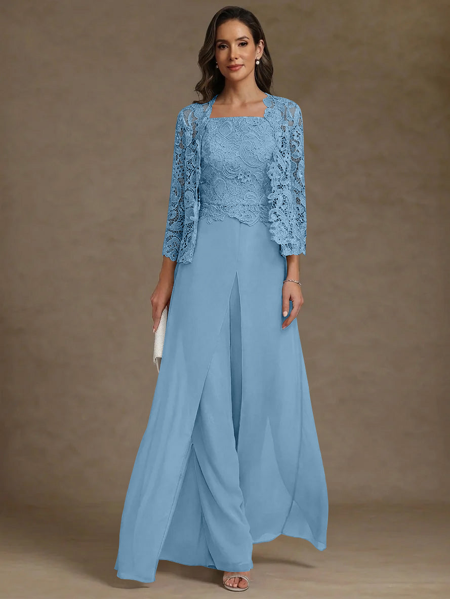 3 Pieces Square Collar Chiffon Mother Of The Bride Pantsuits With Jacket Lace Ankle Length With Overskirt 3 4 Sleeves