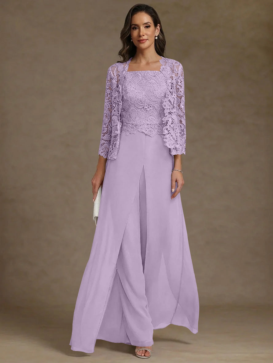 3 Pieces Square Collar Chiffon Mother Of The Bride Pantsuits With Jacket Lace Ankle Length With Overskirt 3 4 Sleeves