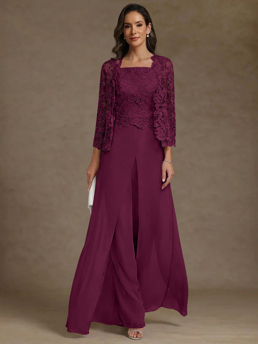 3 Pieces Square Collar Chiffon Mother Of The Bride Pantsuits With Jacket Lace Ankle Length With Overskirt 3 4 Sleeves