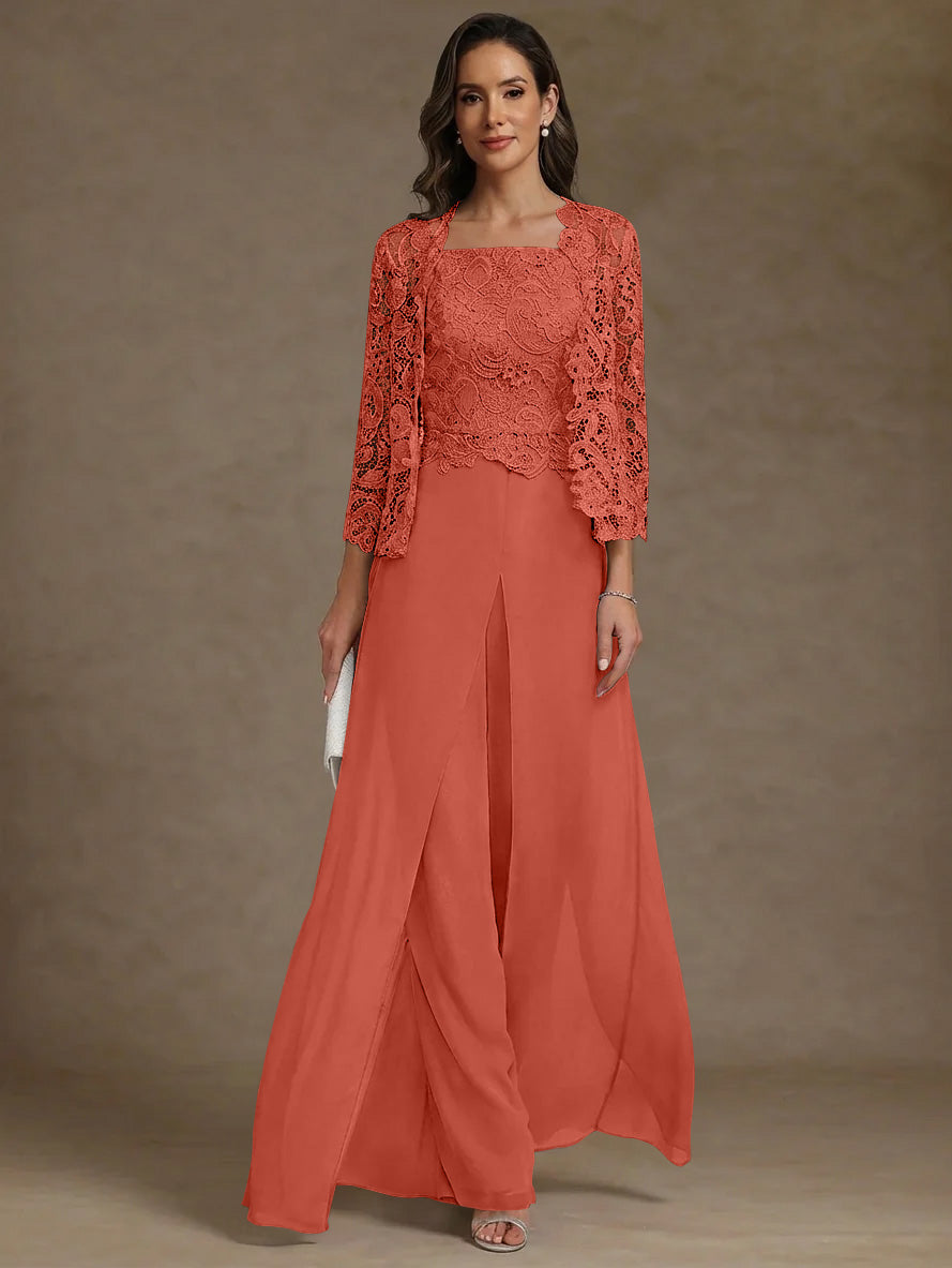 3 Pieces Square Collar Chiffon Mother Of The Bride Pantsuits With Jacket Lace Ankle Length With Overskirt 3 4 Sleeves