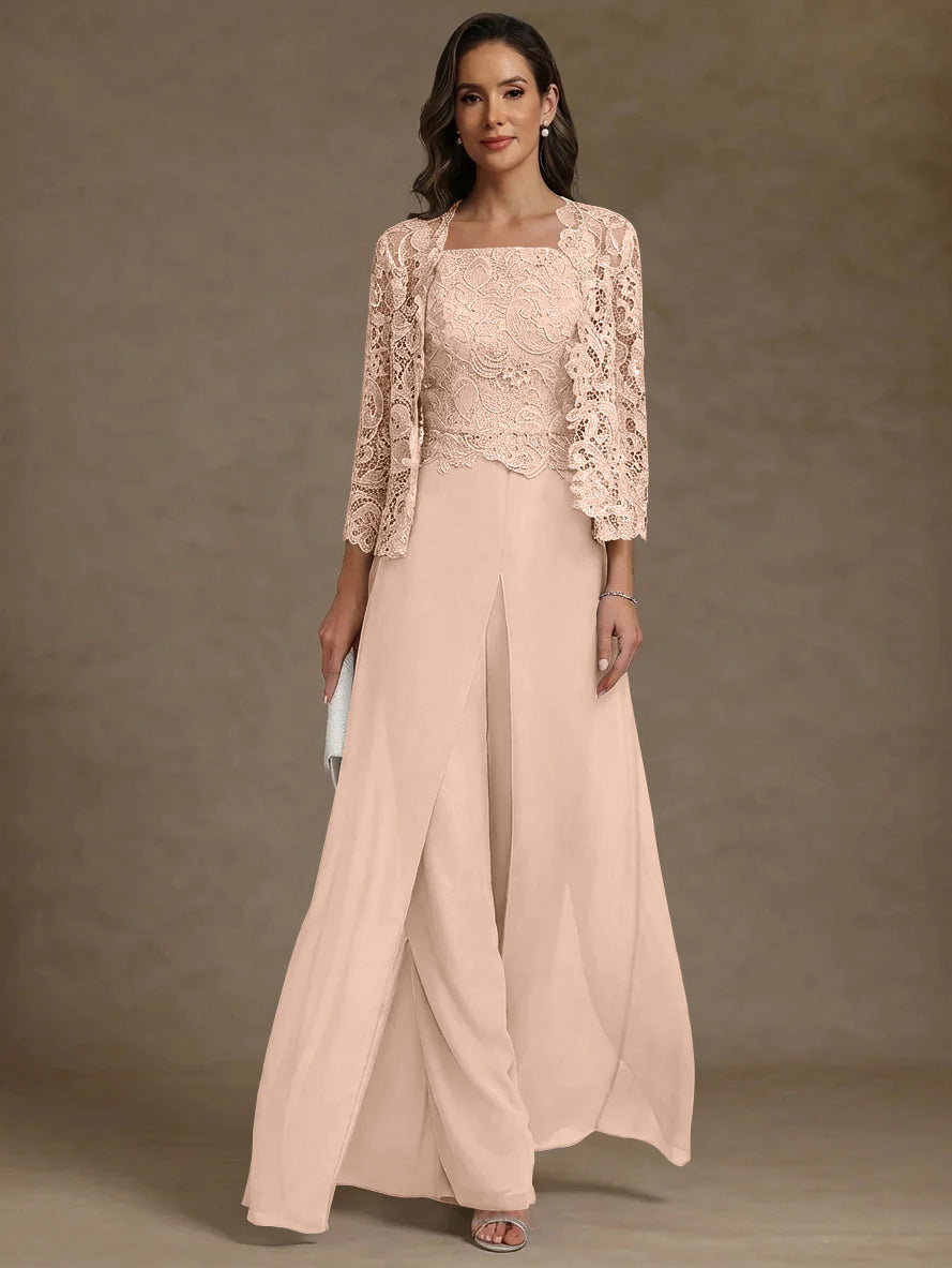 3 Pieces Square Collar Chiffon Mother Of The Bride Pantsuits With Jacket Lace Ankle Length With Overskirt 3 4 Sleeves