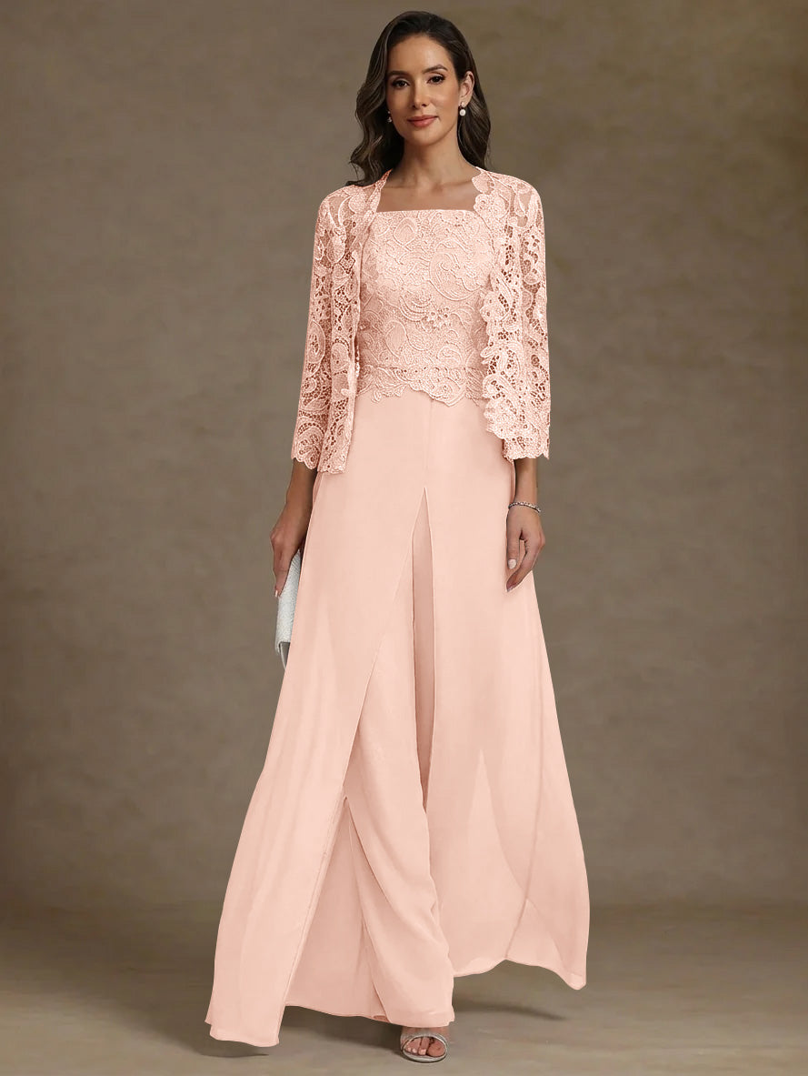 3 Pieces Square Collar Chiffon Mother Of The Bride Pantsuits With Jacket Lace Ankle Length With Overskirt 3 4 Sleeves